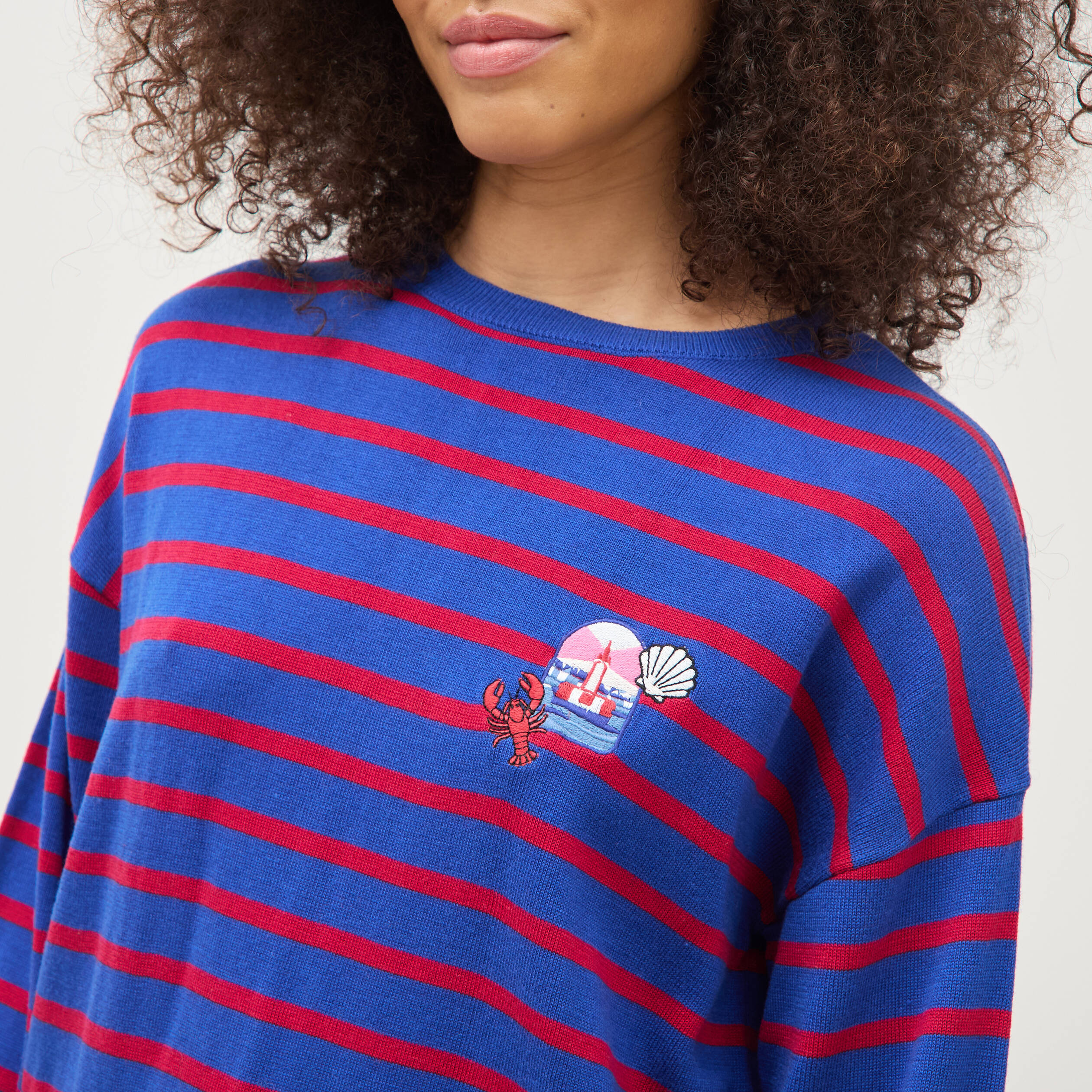 Pull manches longues col rond bleu roi femme