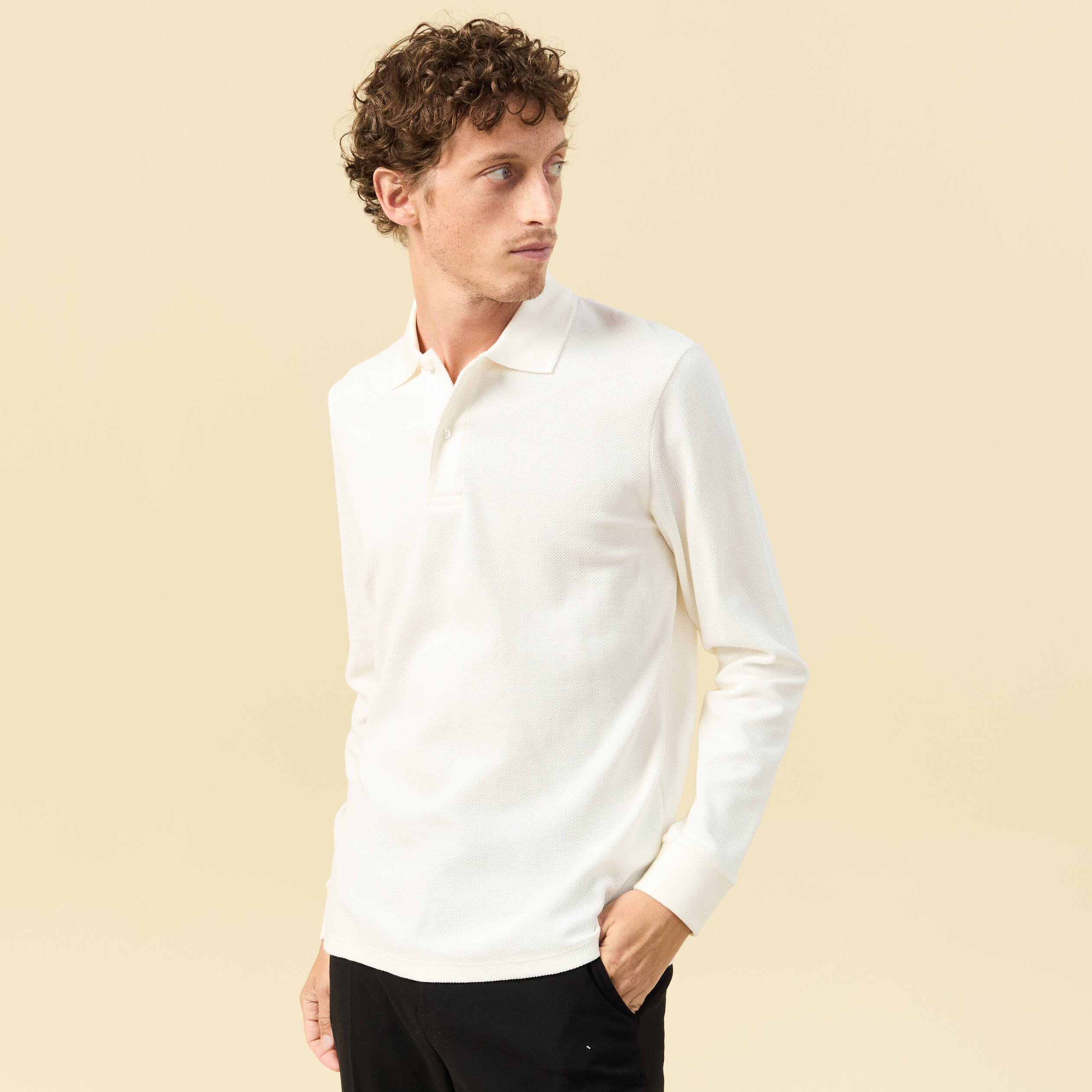 Polo manches longues en coton ecru homme