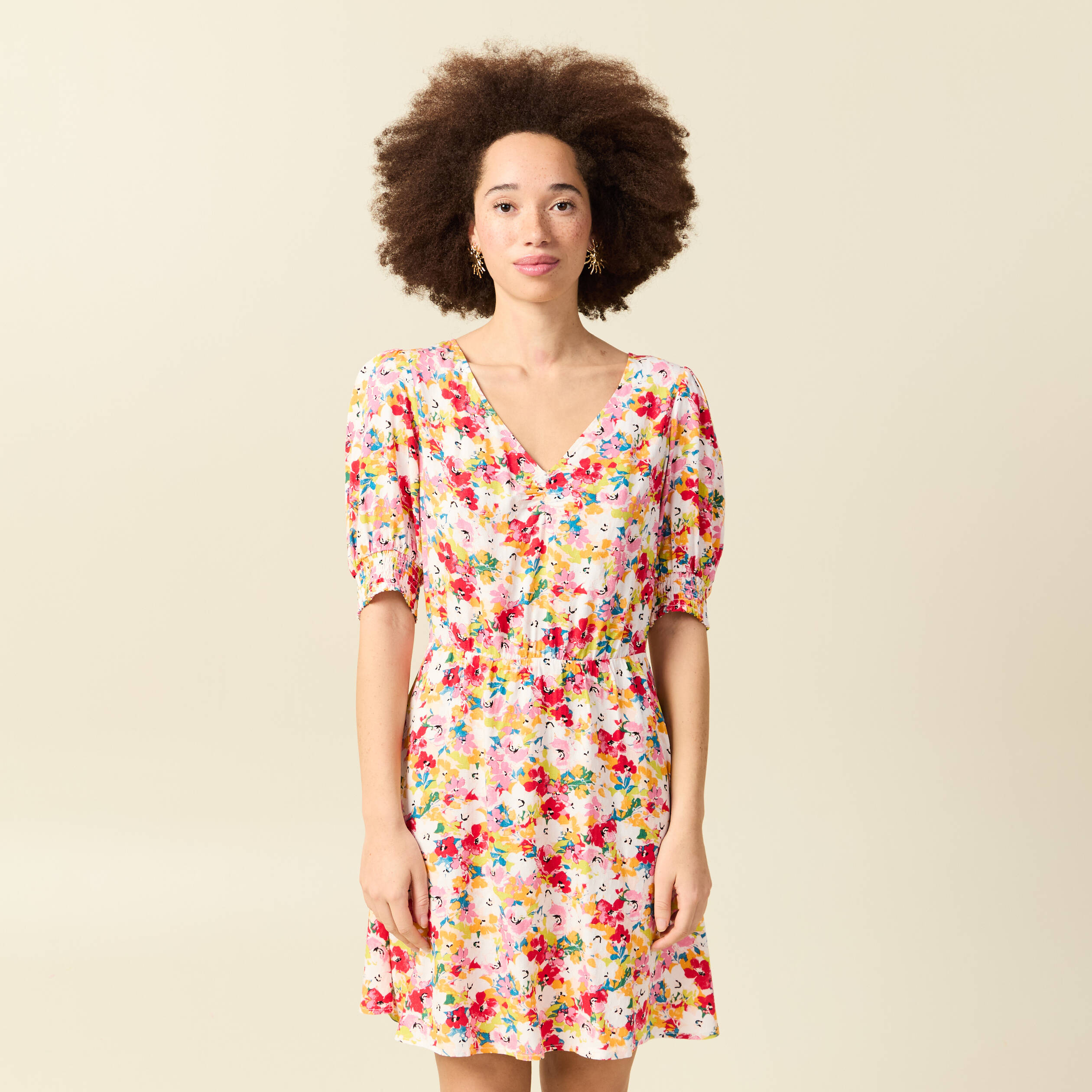 Robe fluide col v manches courtes rose framboise femme
