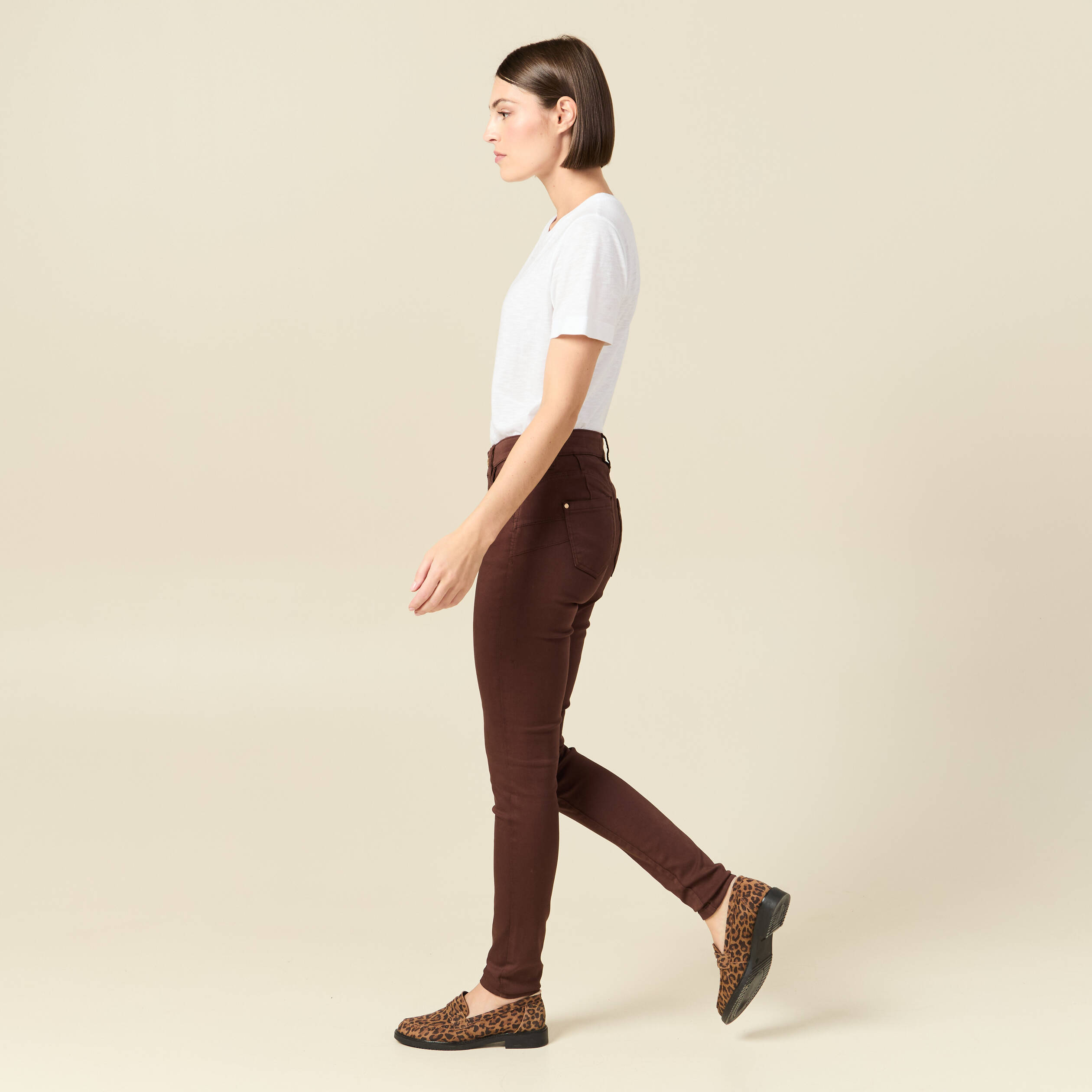 Pantalon skinny push-up taille standard marron fonc&eacute; femme