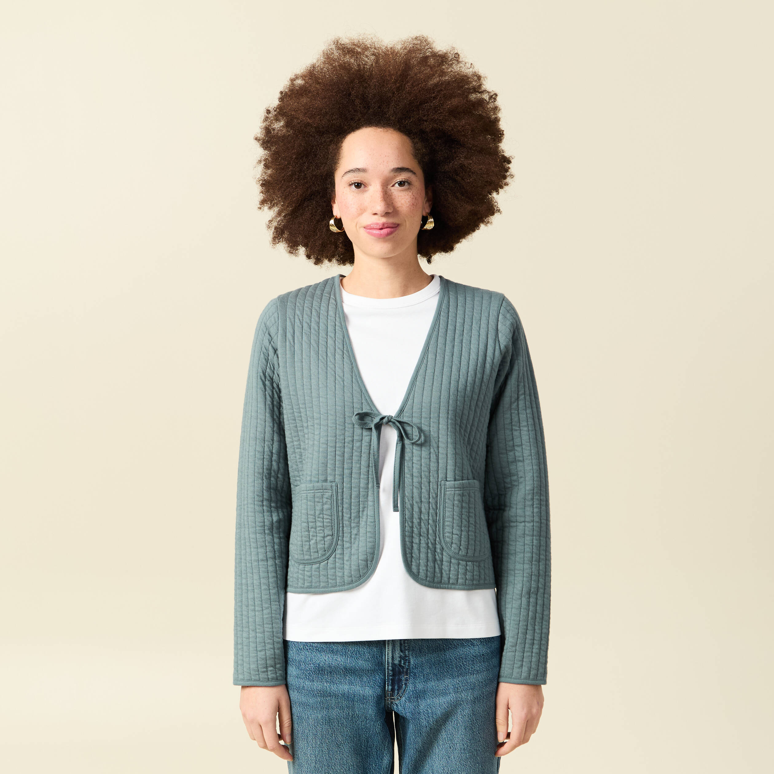 Cardigan droit court manches longues vert canard femme