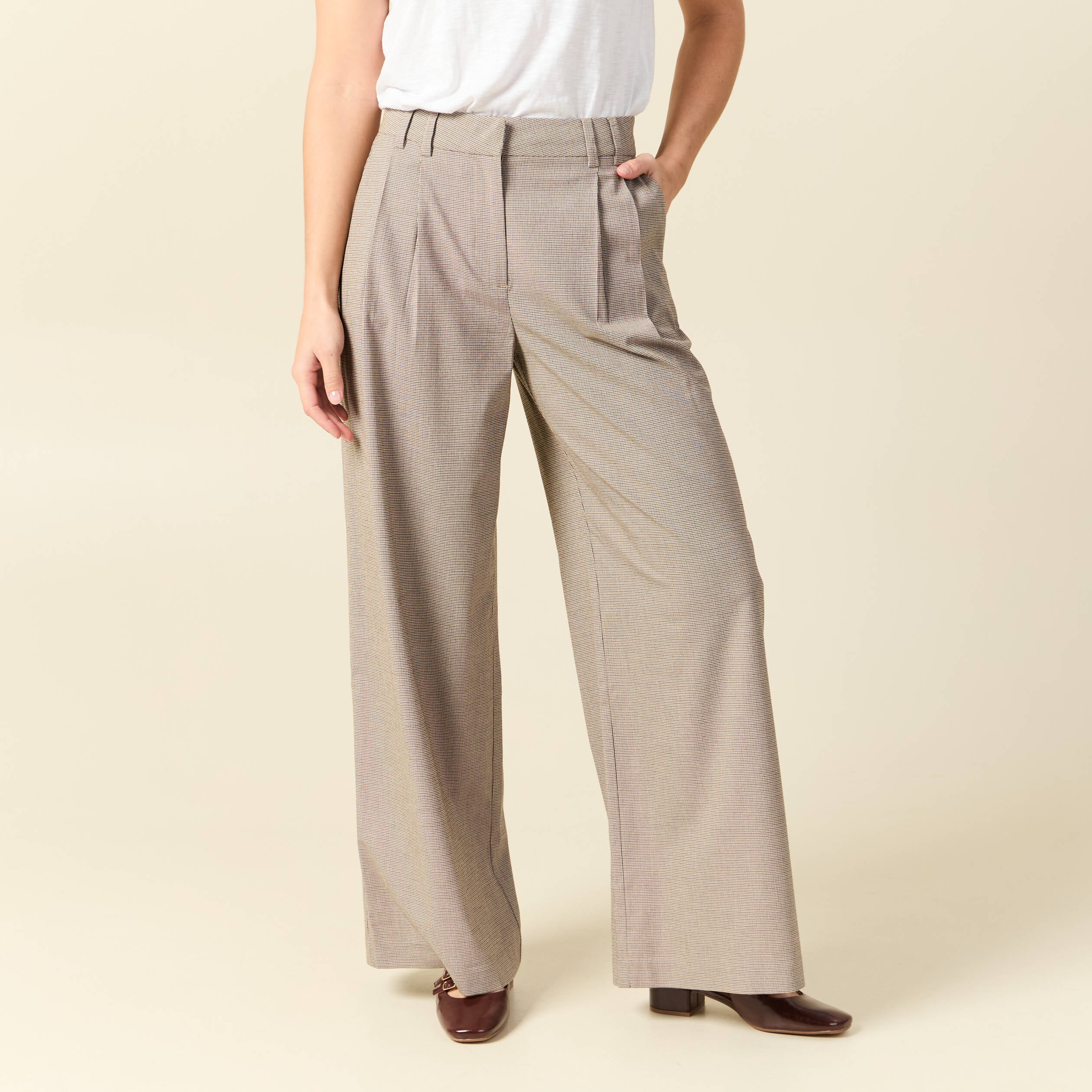 Pantalon large taille haute fluide beige femme
