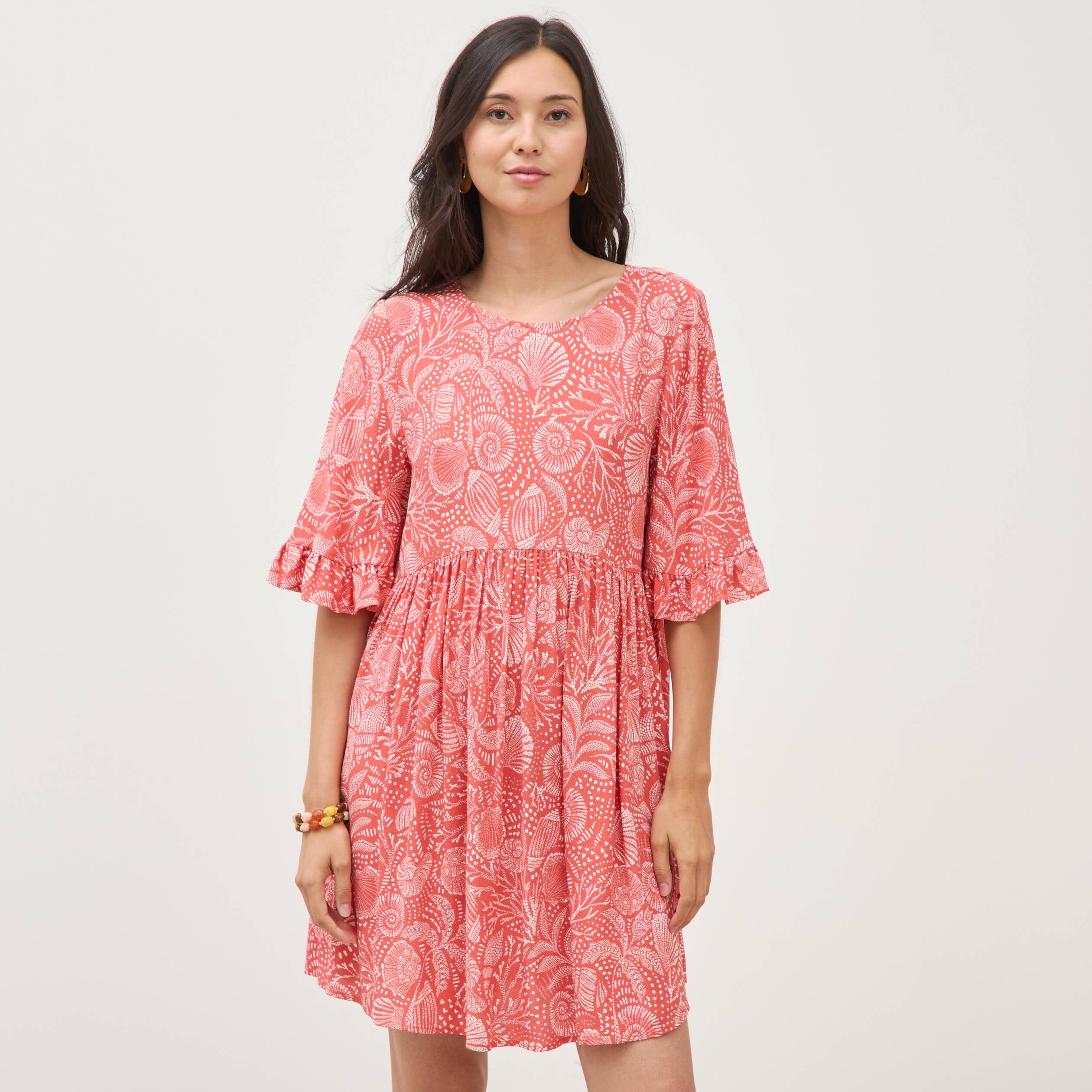 Robe fluide col rond manches coude orange corail femme