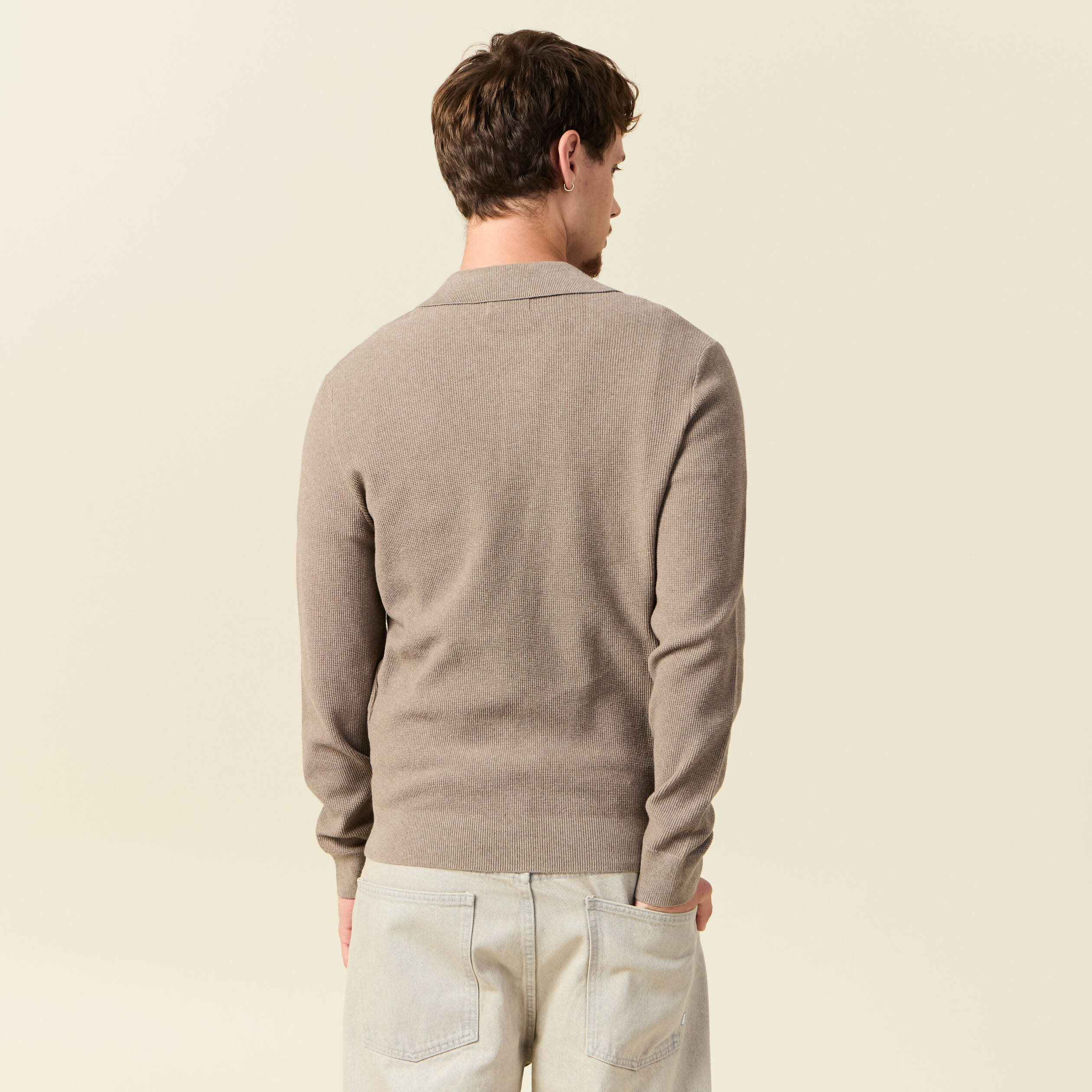 Pull droit col polo manches longues vert kaki homme