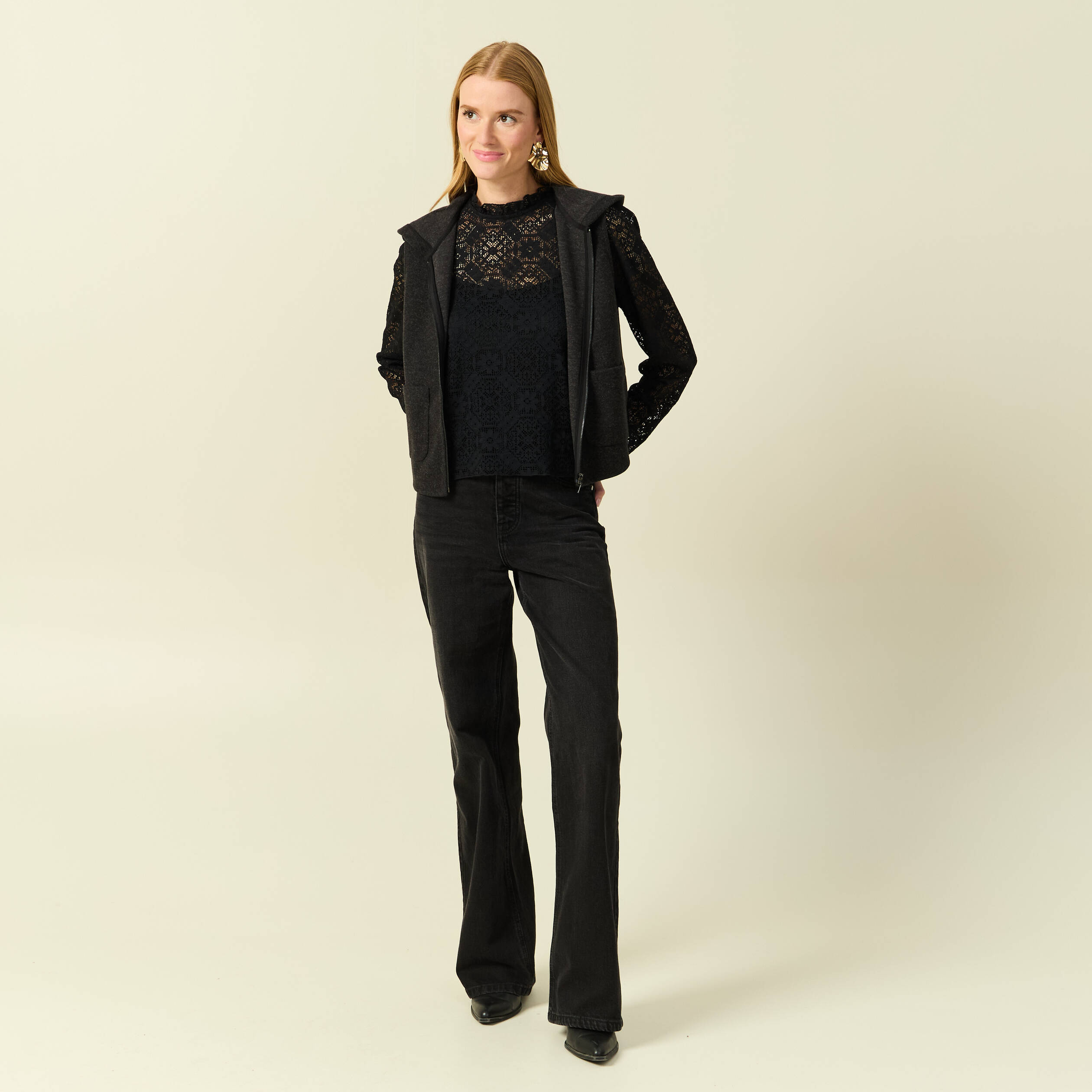 T-shirt droit court manches longues noir femme