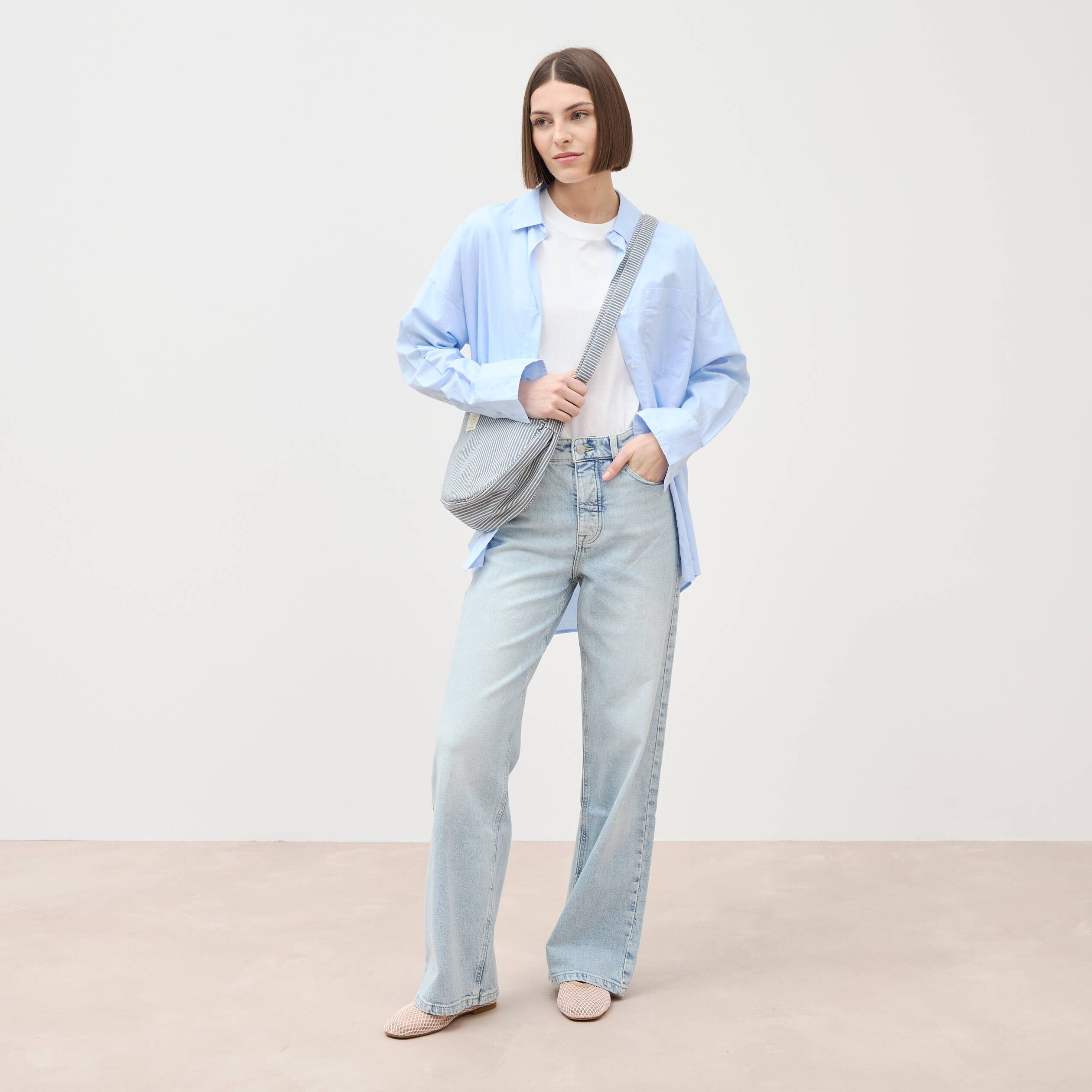 Jeans large taille haute denim bleach femme