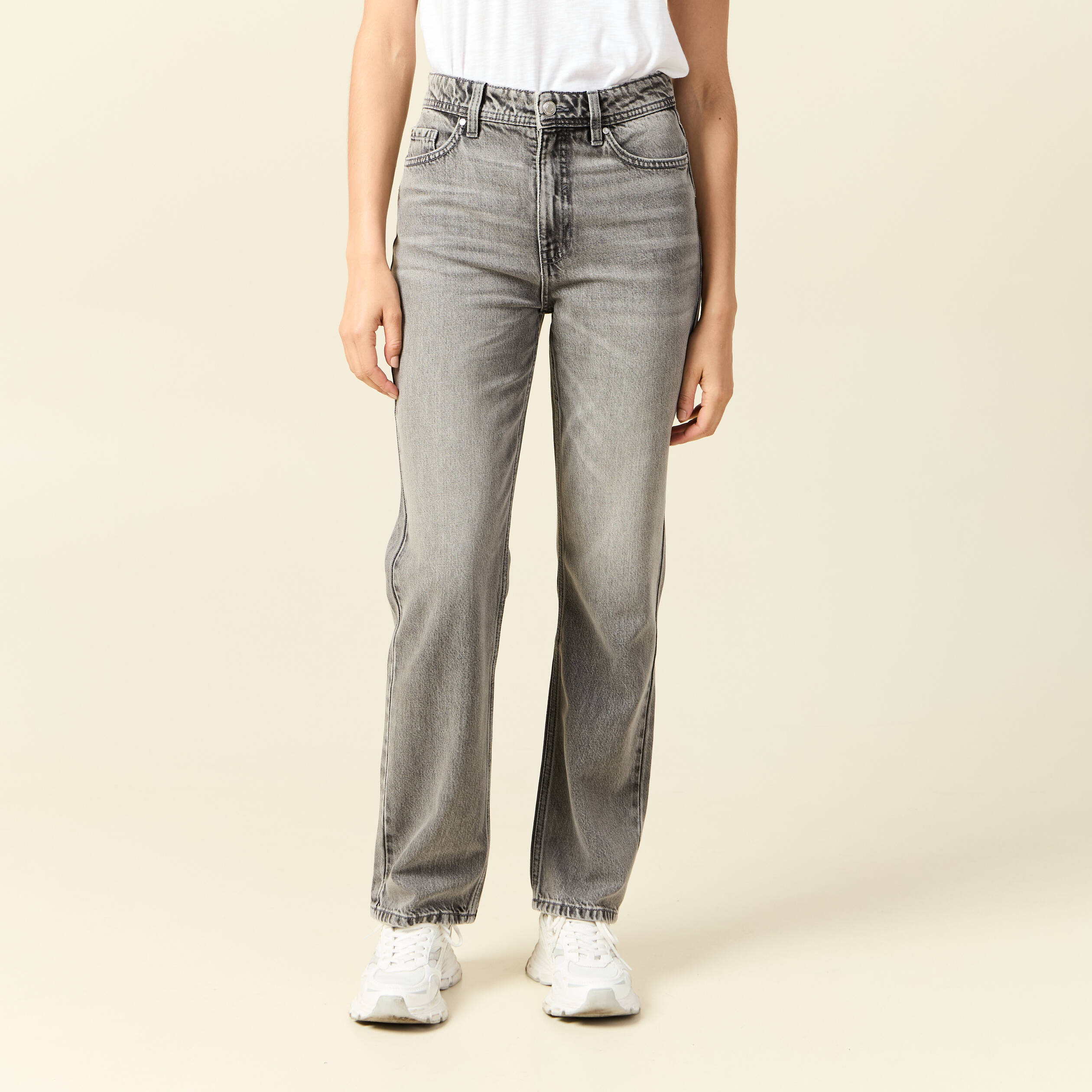 Jeans straight taille haute 7/8&egrave;me denim gris clair femme