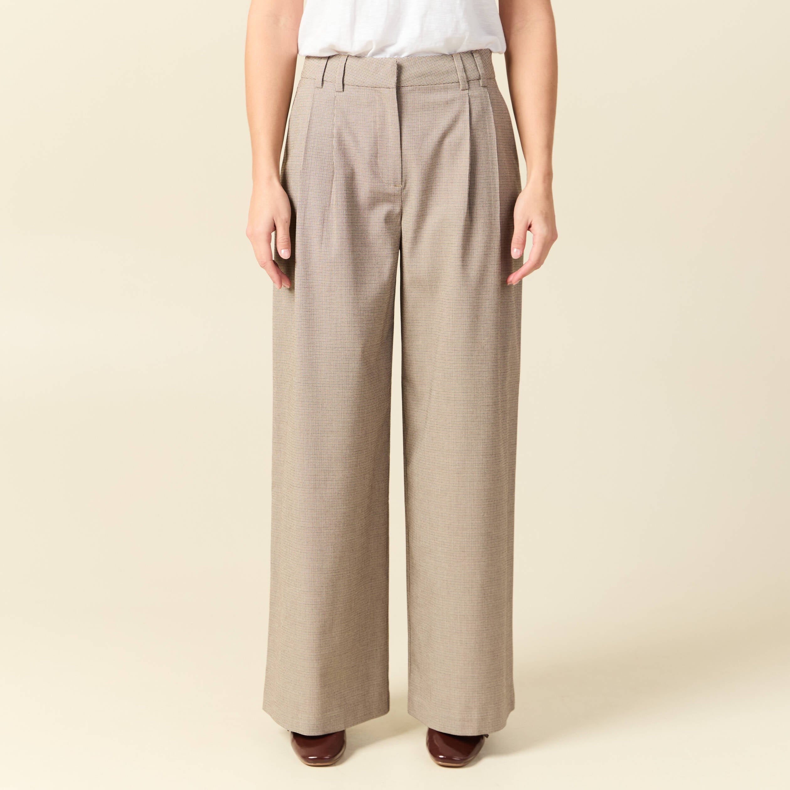 Pantalon large taille haute fluide beige femme