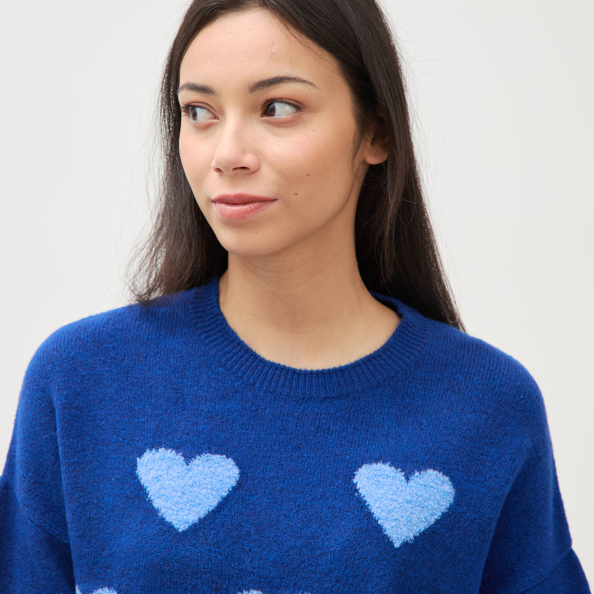 Pull manches longues bouclette col rond bleu electrique femme