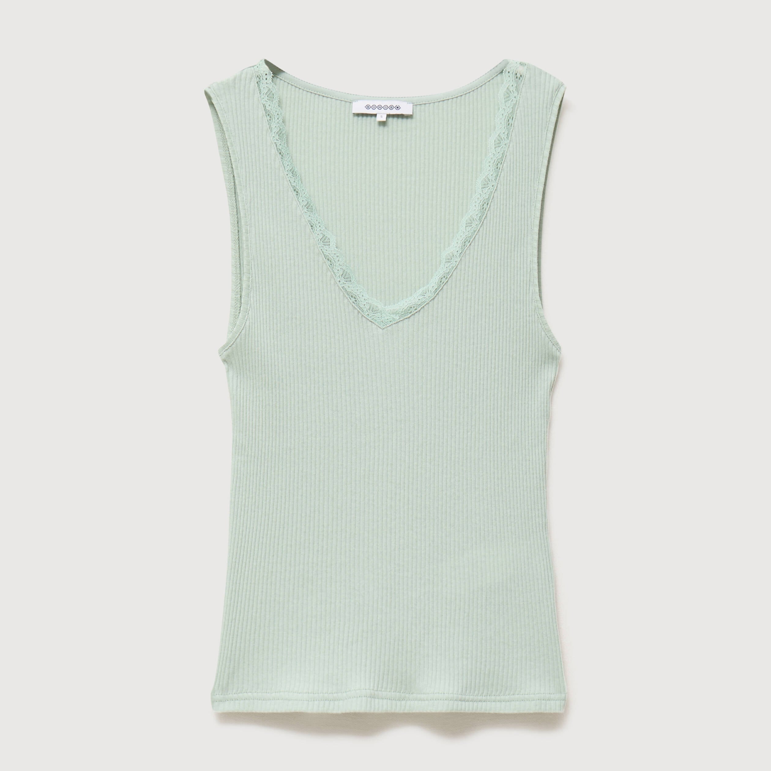 D&eacute;bardeur col v bretelles dentelle vert pastel femme