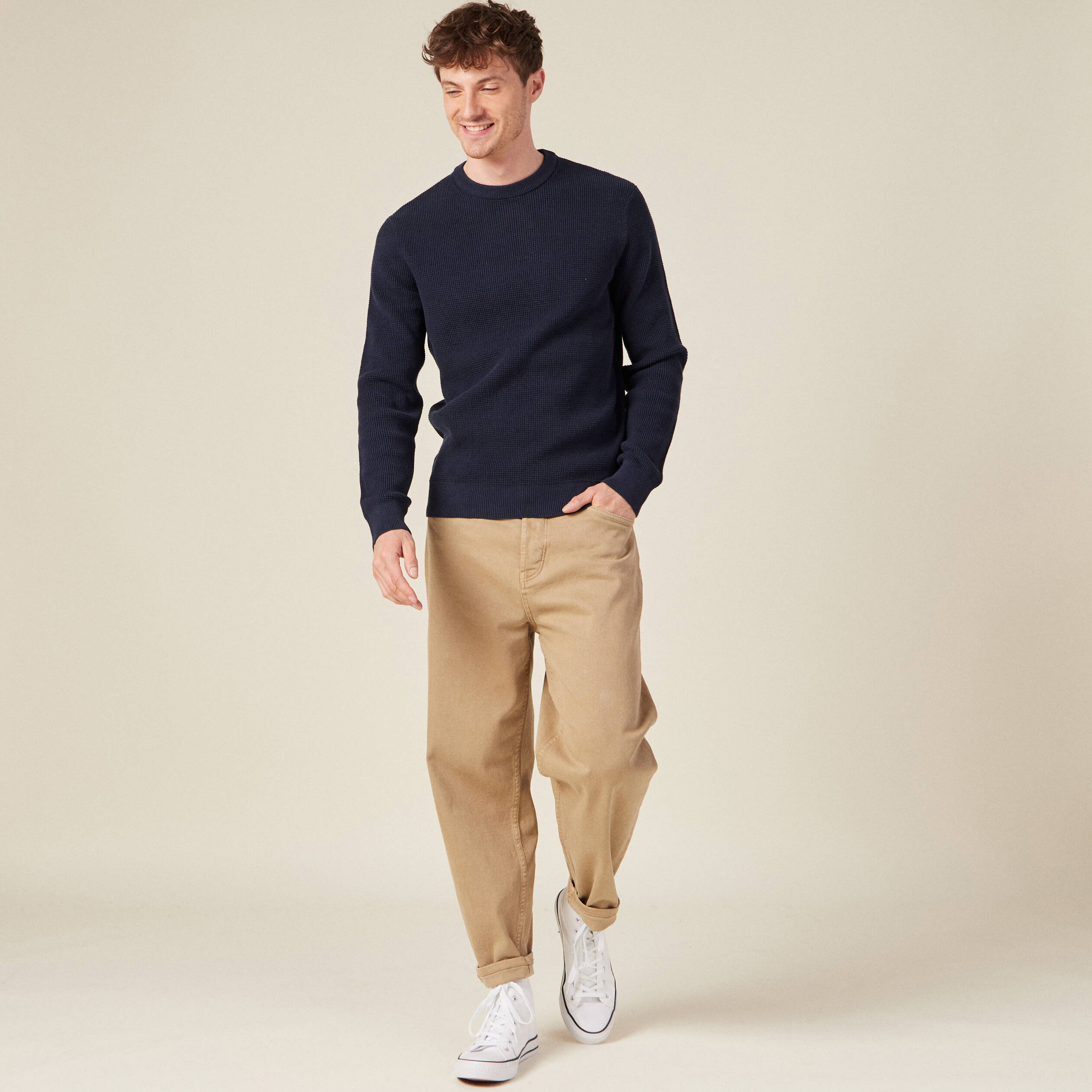 Pull manches longues col rond bleu foncé homme