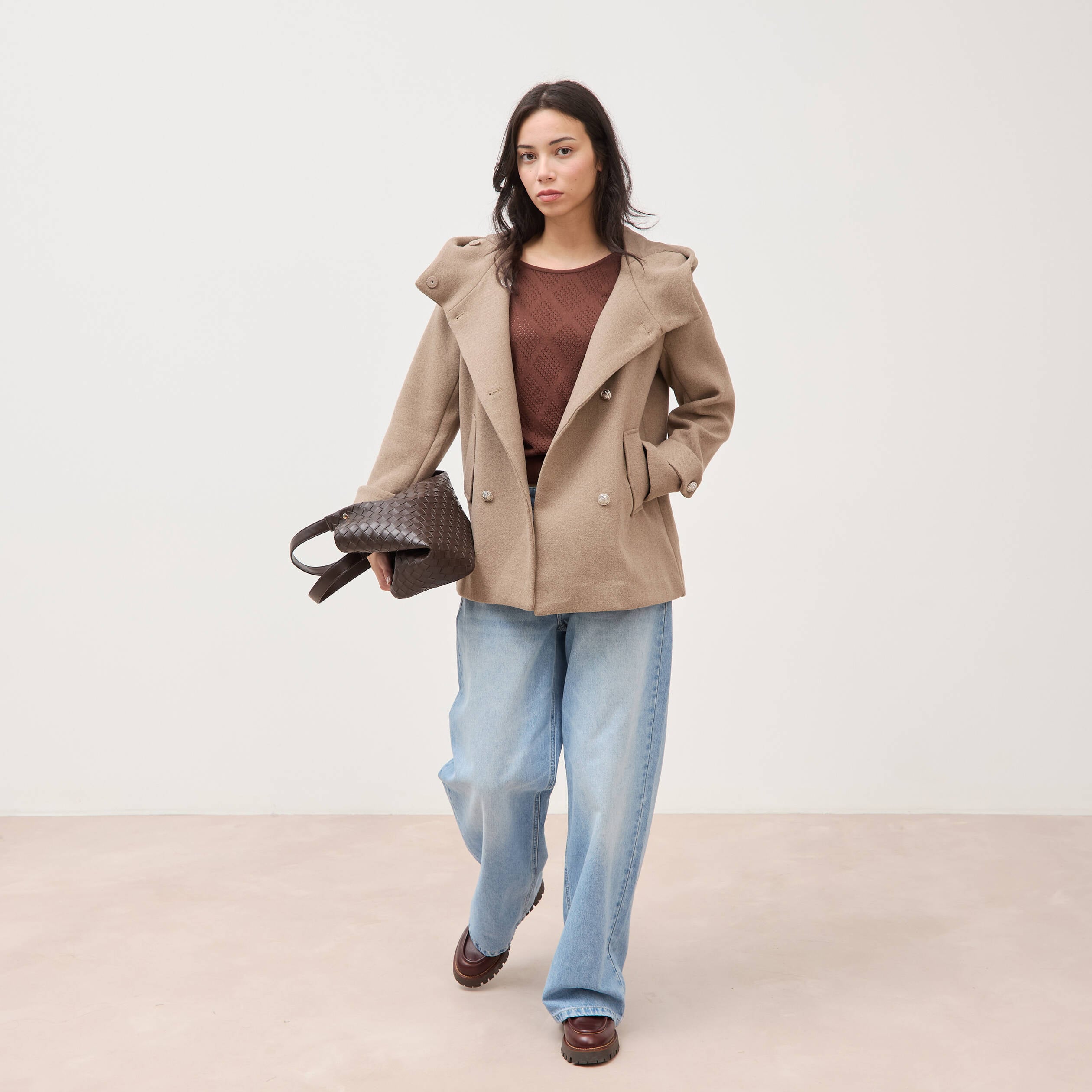 Caban oversize court &agrave; capuche beige femme