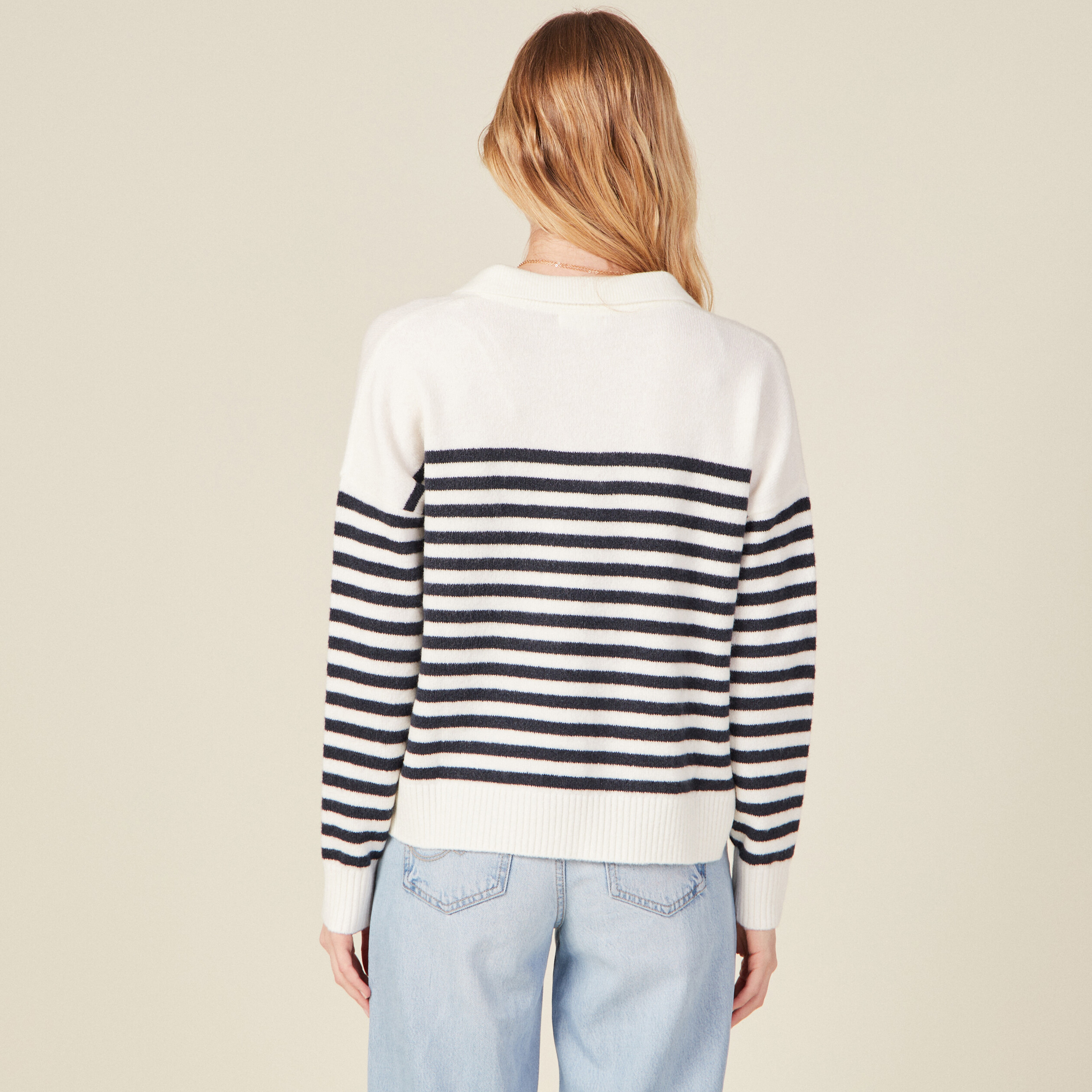 Pull col polo ecru femme
