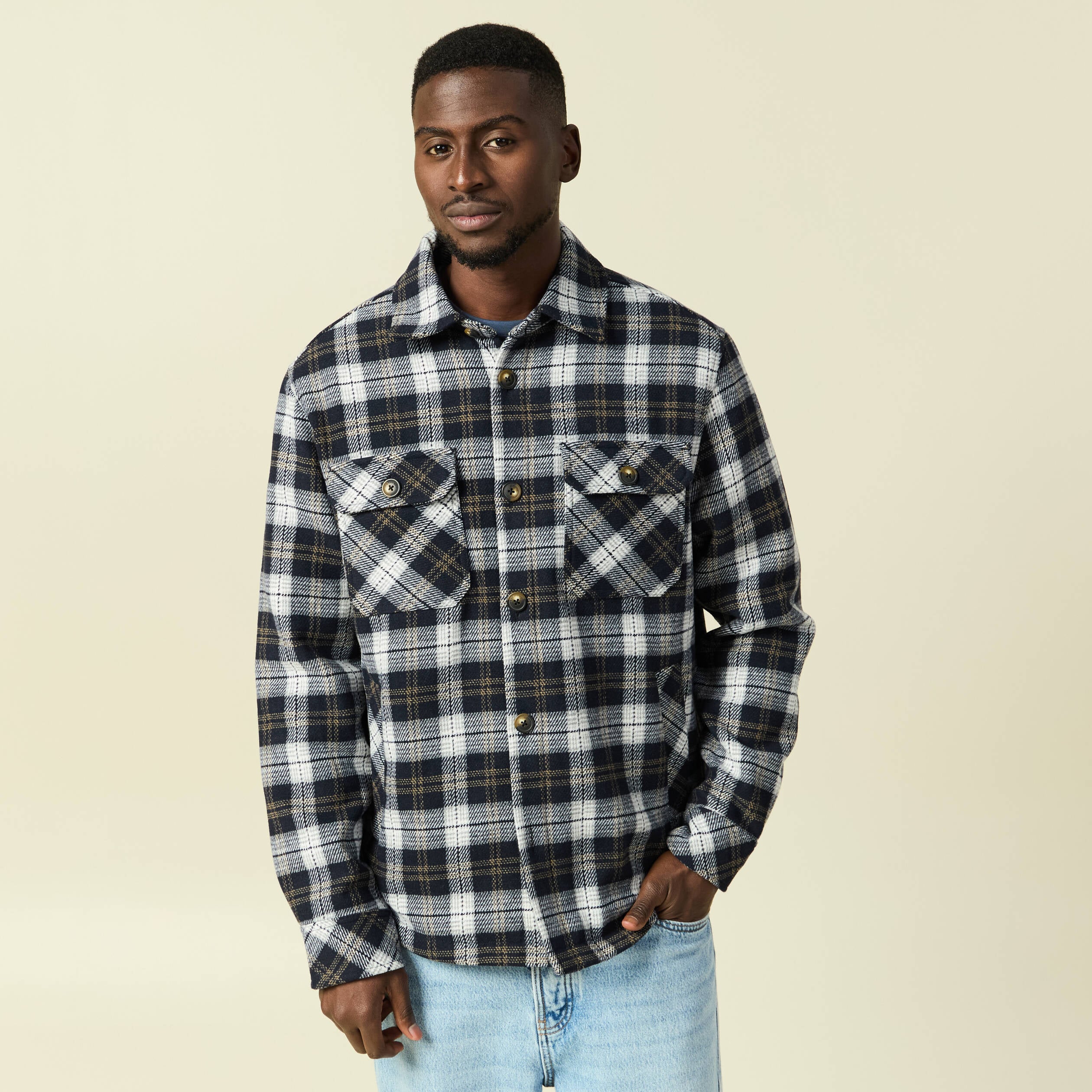 Surchemise oversize courte doubl&eacute;e bleu marine homme