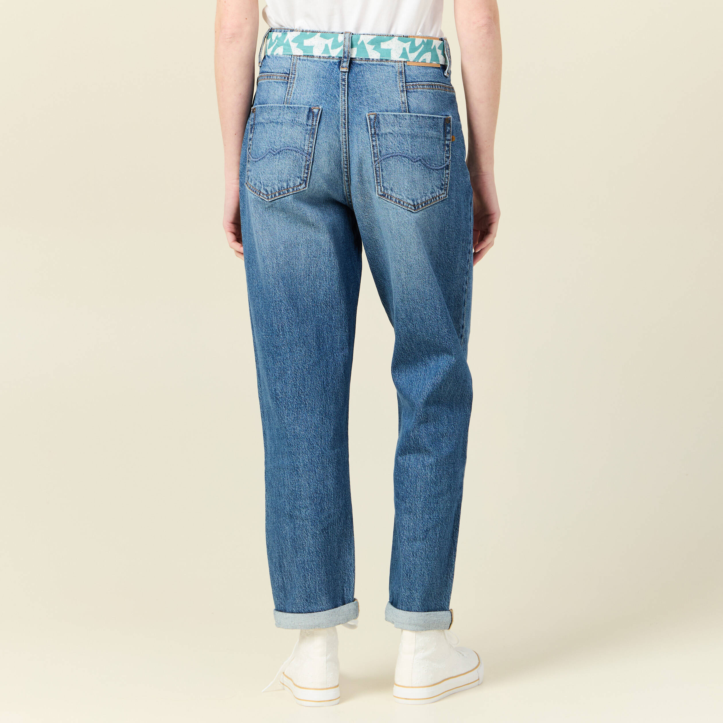 Jeans mom ceinture foulard denim stone femme Vibs