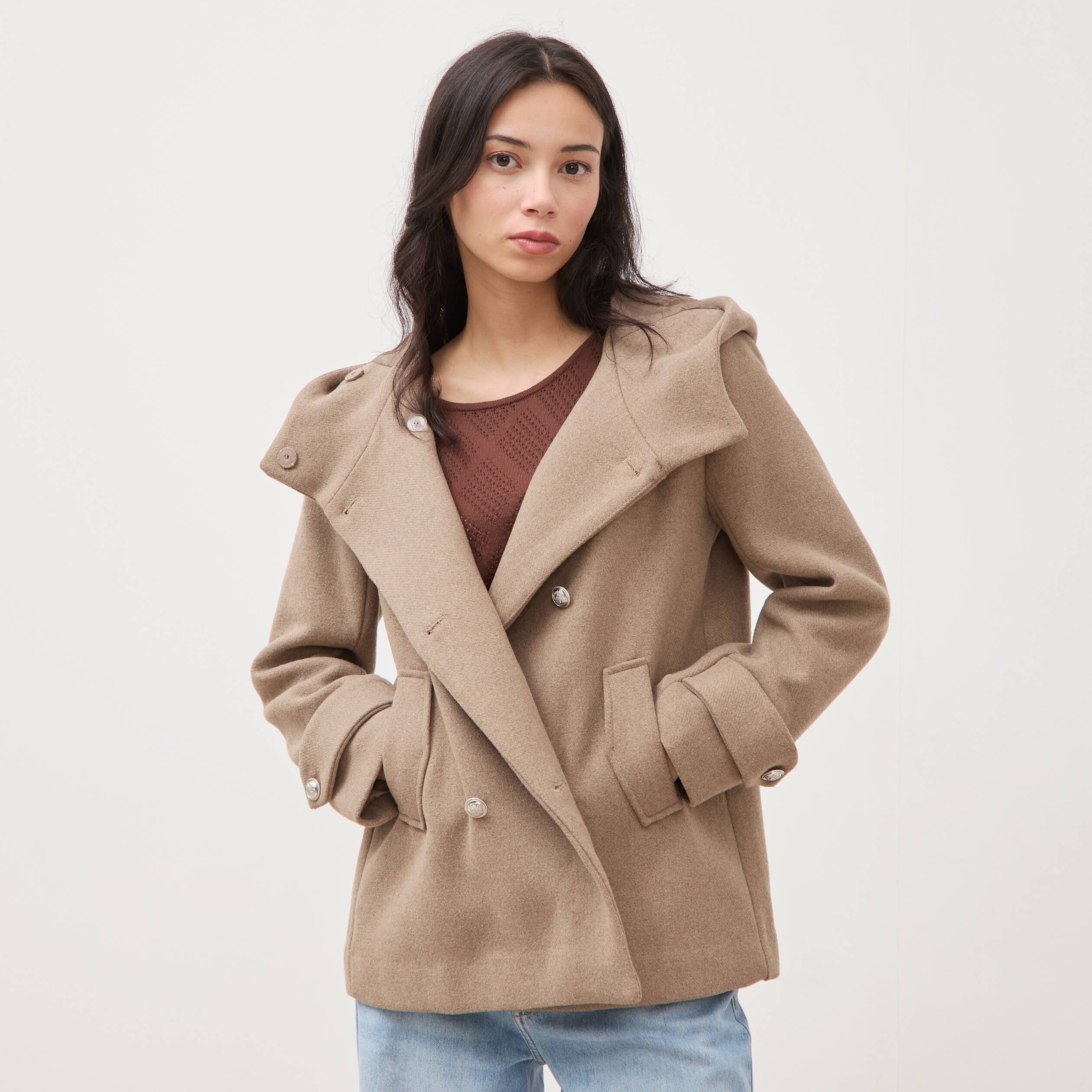 Caban oversize court &agrave; capuche beige femme
