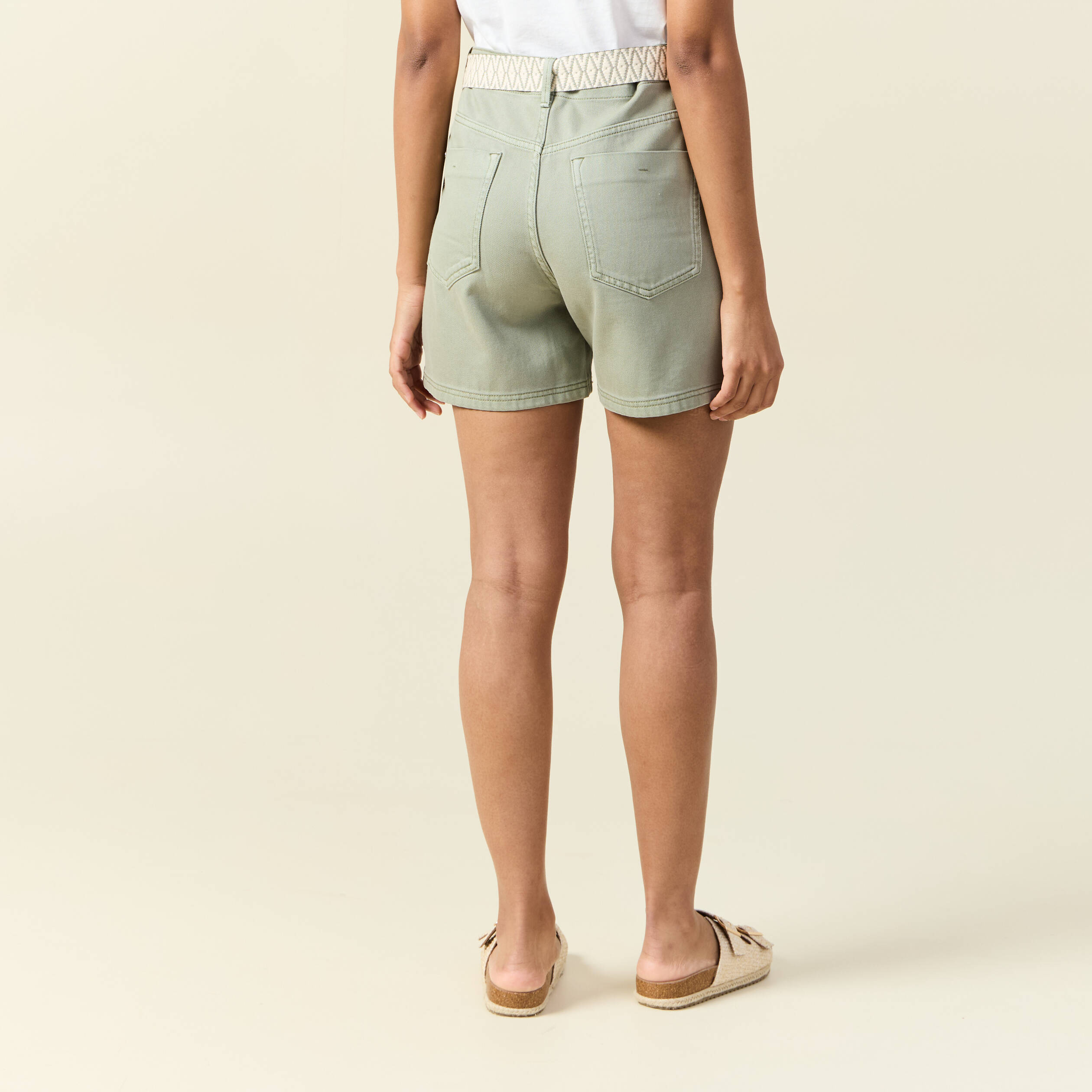 Short boyfriend ceintur&eacute; jean vert kaki femme