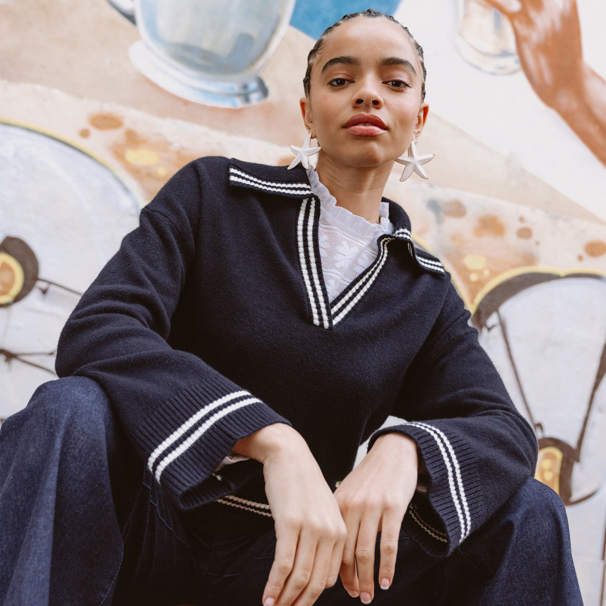 Pull col polo manches longues bleu marine femme