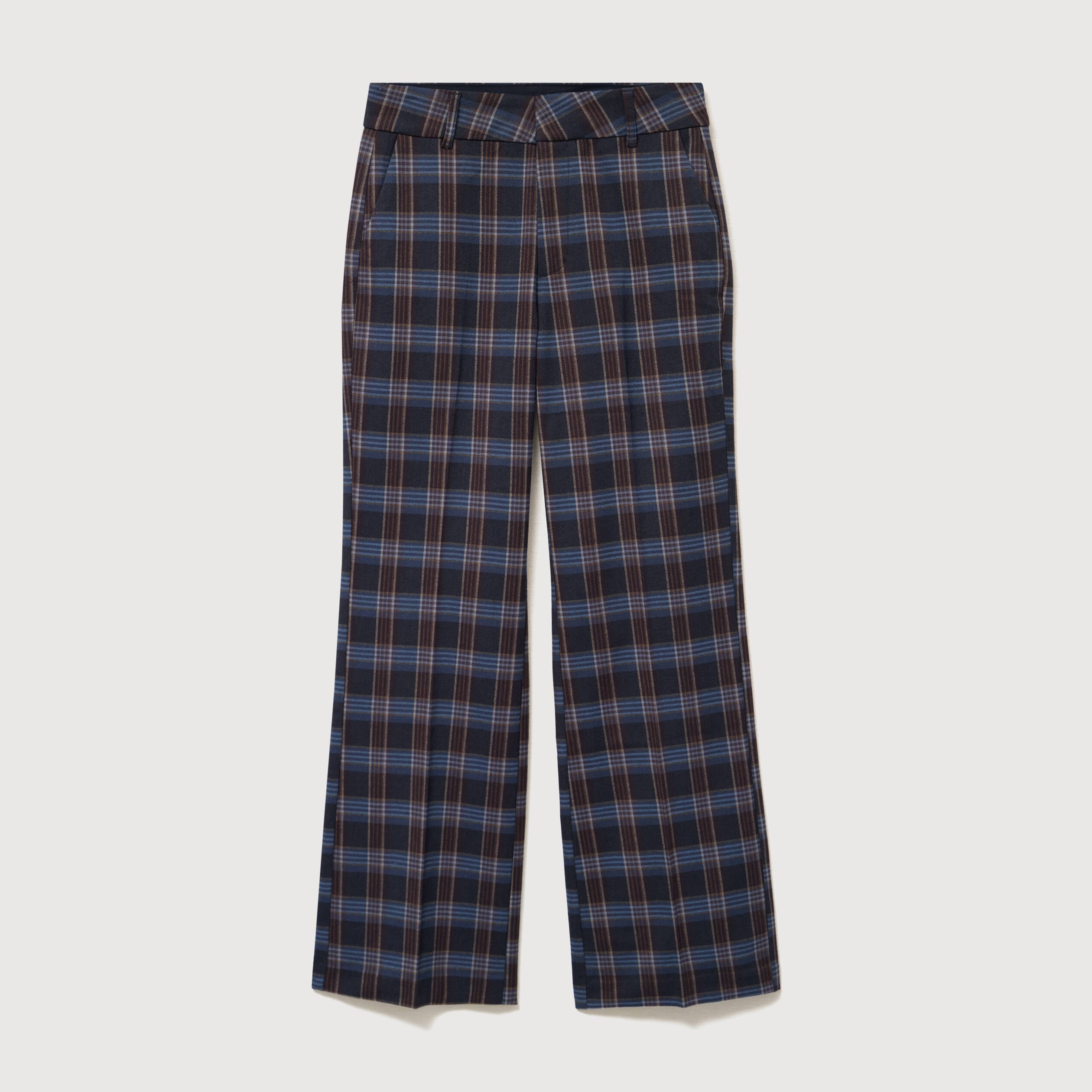 Pantalon flare &agrave; carreaux taille haute bleu gris femme