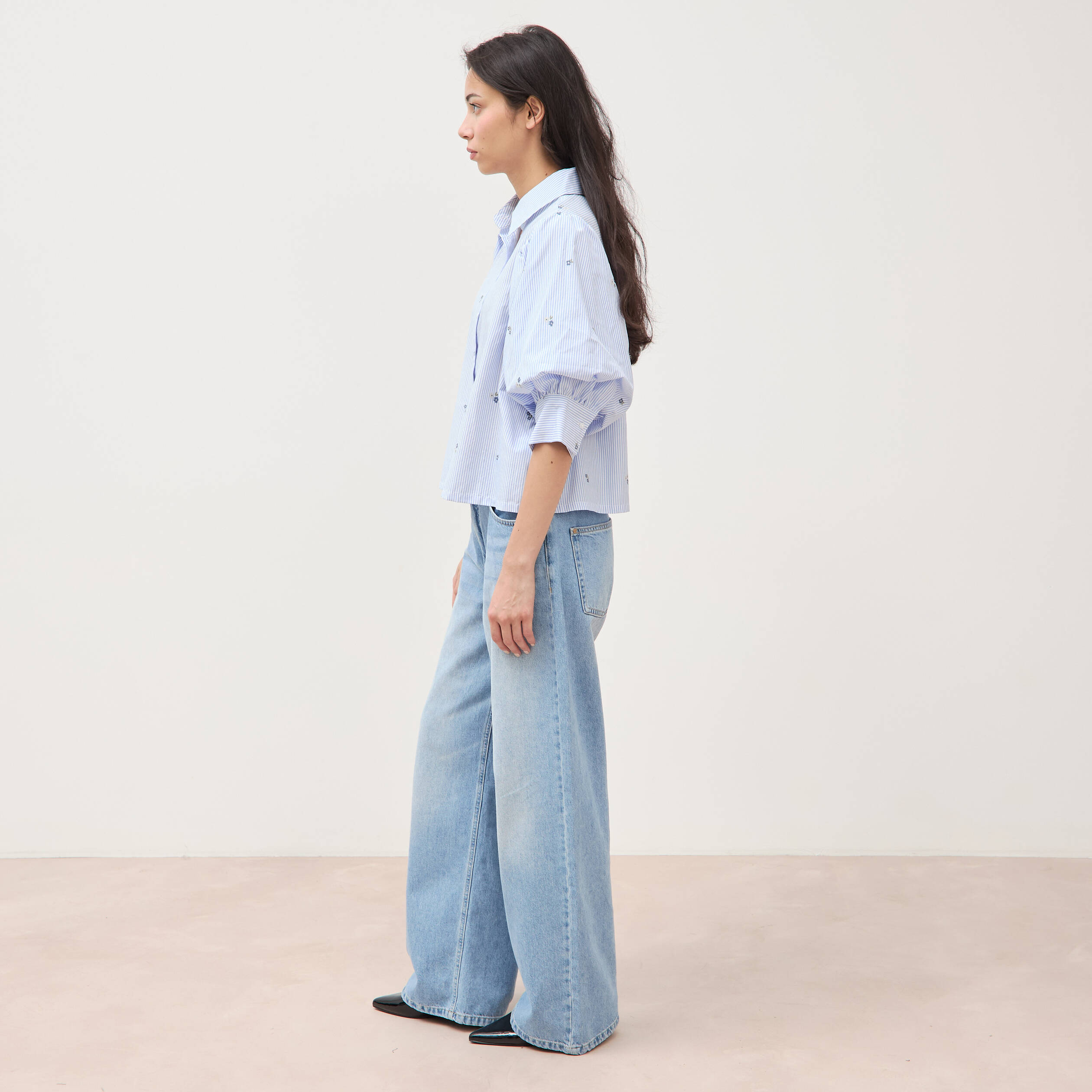 Chemise ample manches coude bleu ciel femme