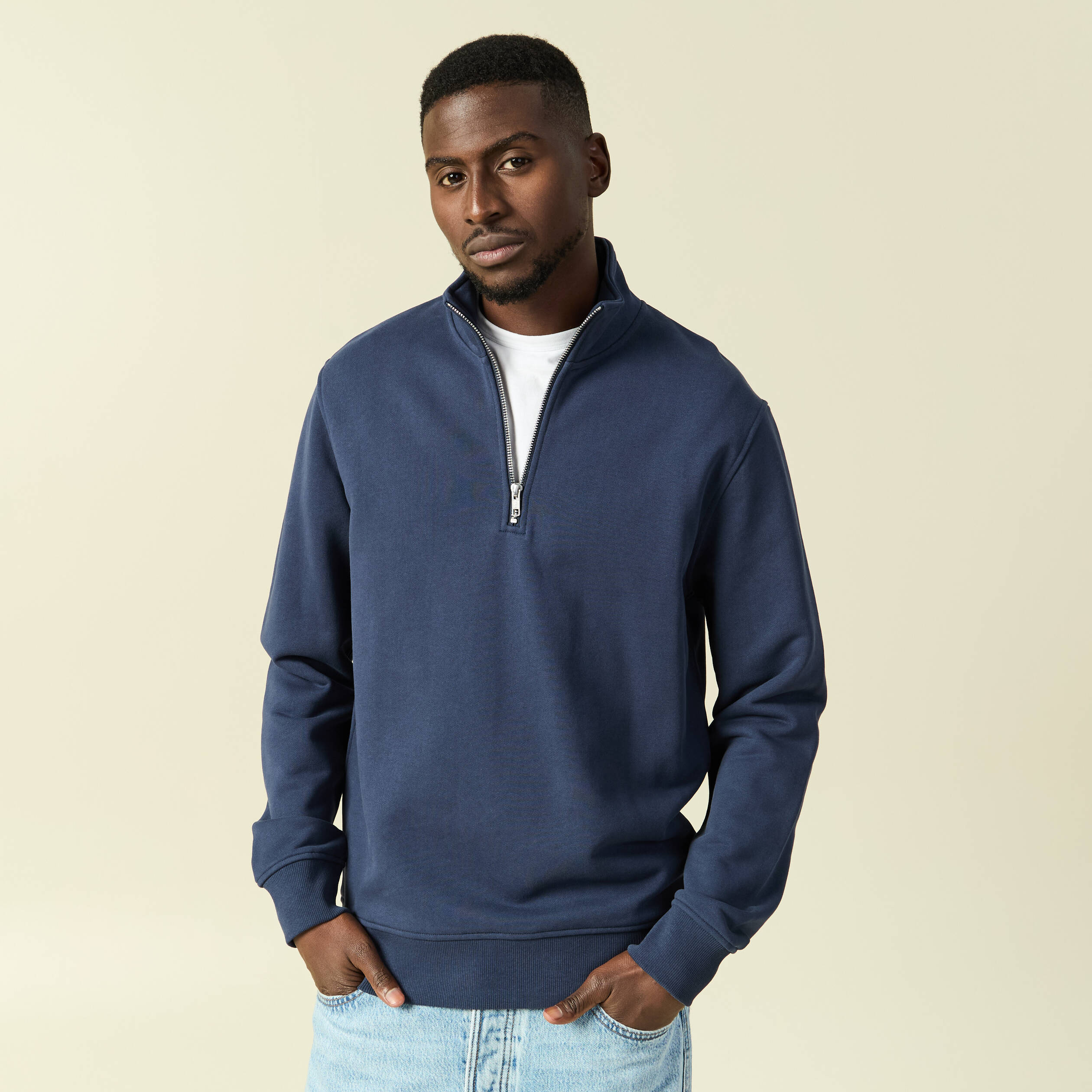 Sweat col montant manches longues bleu marine homme