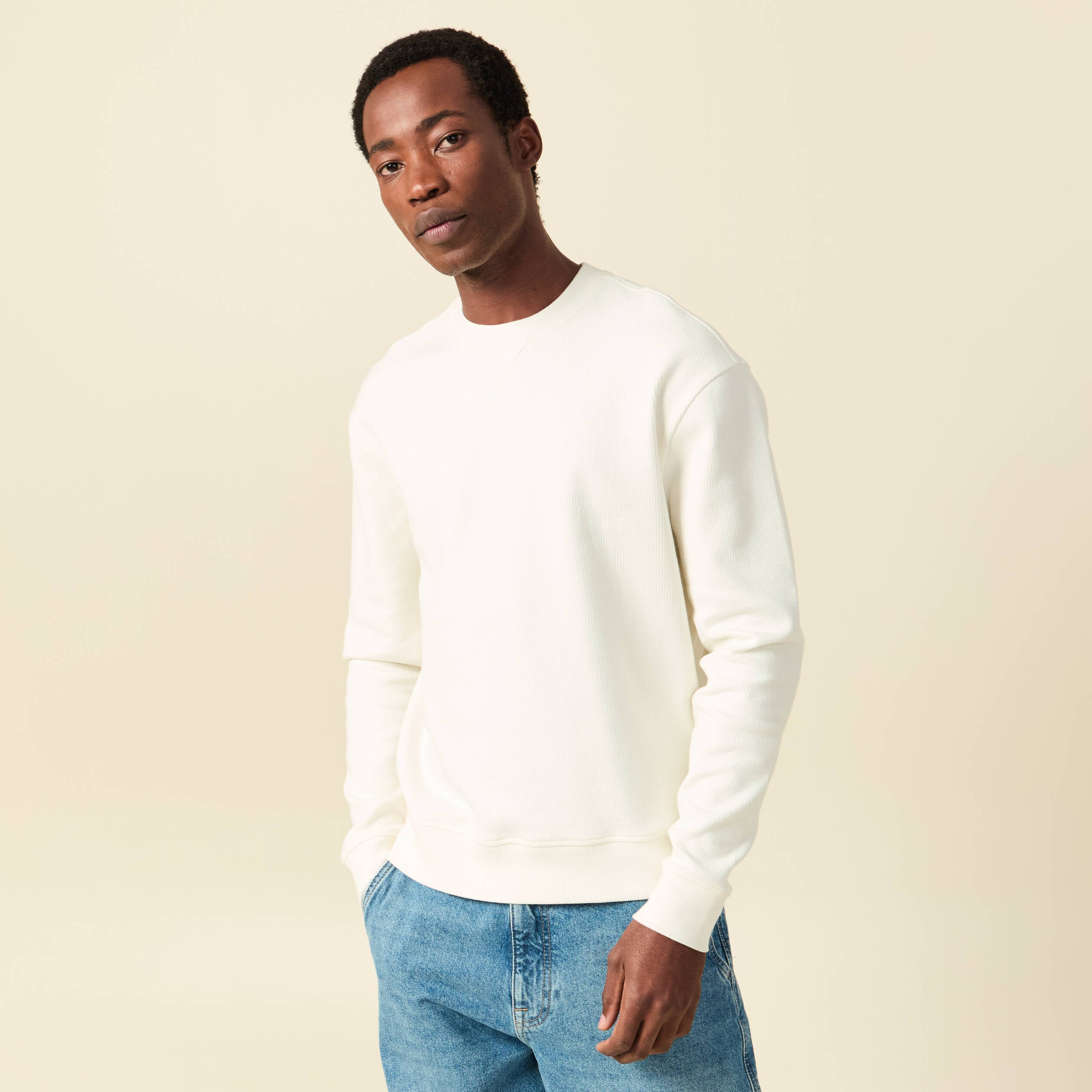 Sweat manches longues col rond ecru homme