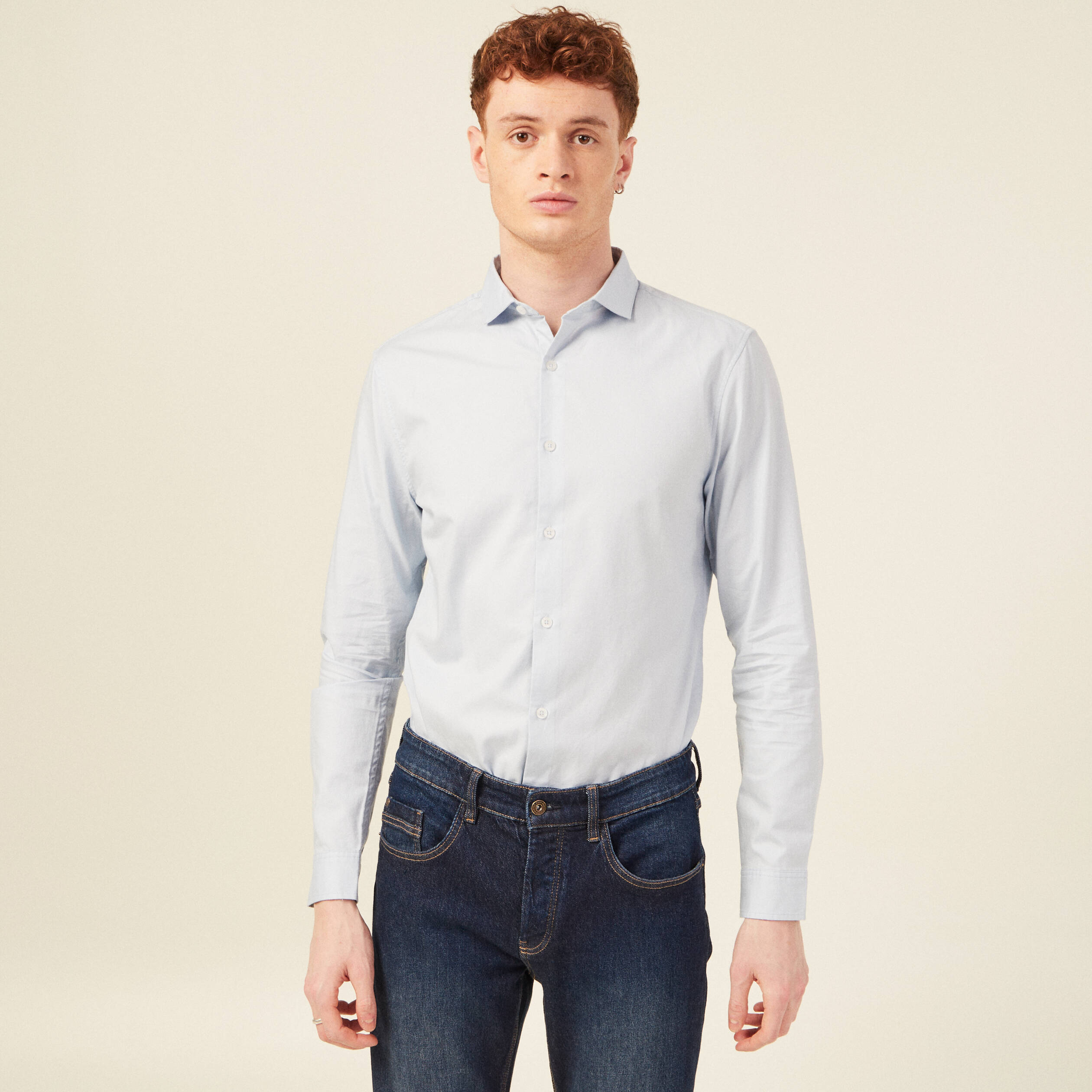 Col cintr&eacute; en coton manches longues bleu ciel homme