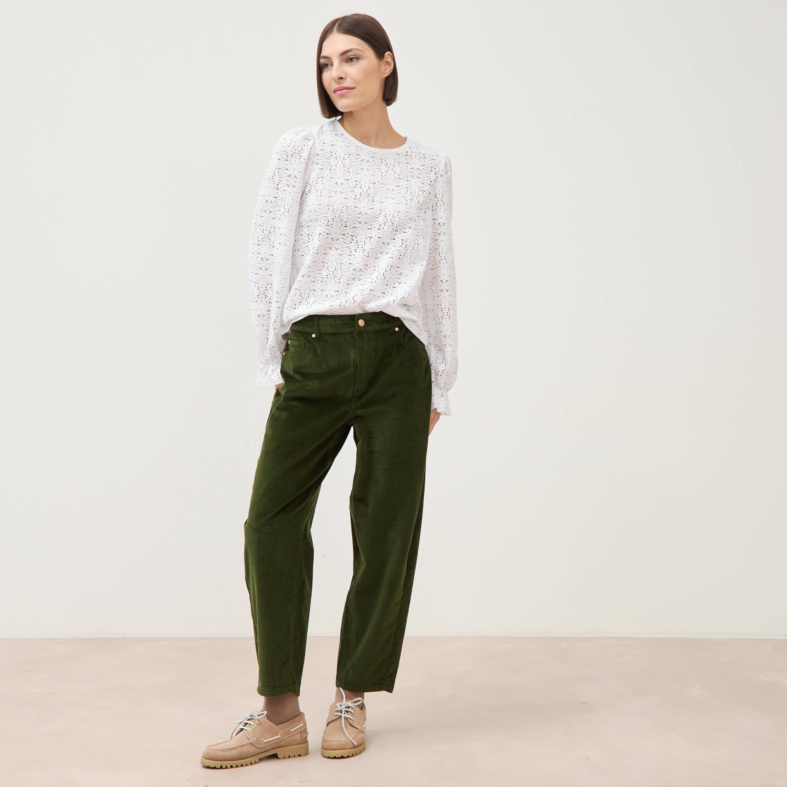 Pantalon barrel taille haute velours vert fonc&eacute; femme