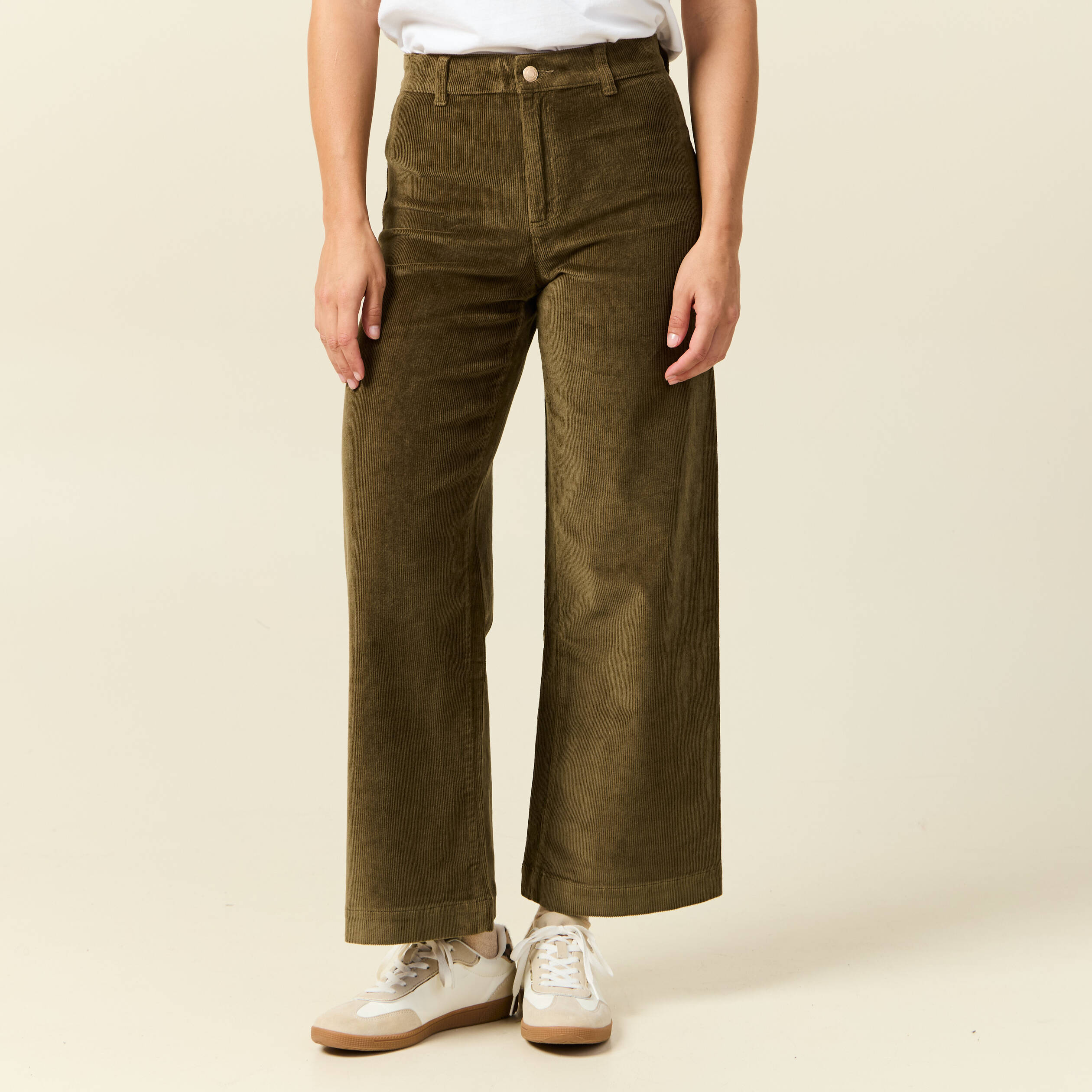 Pantalon large taille haute en velours vert kaki femme Vibs