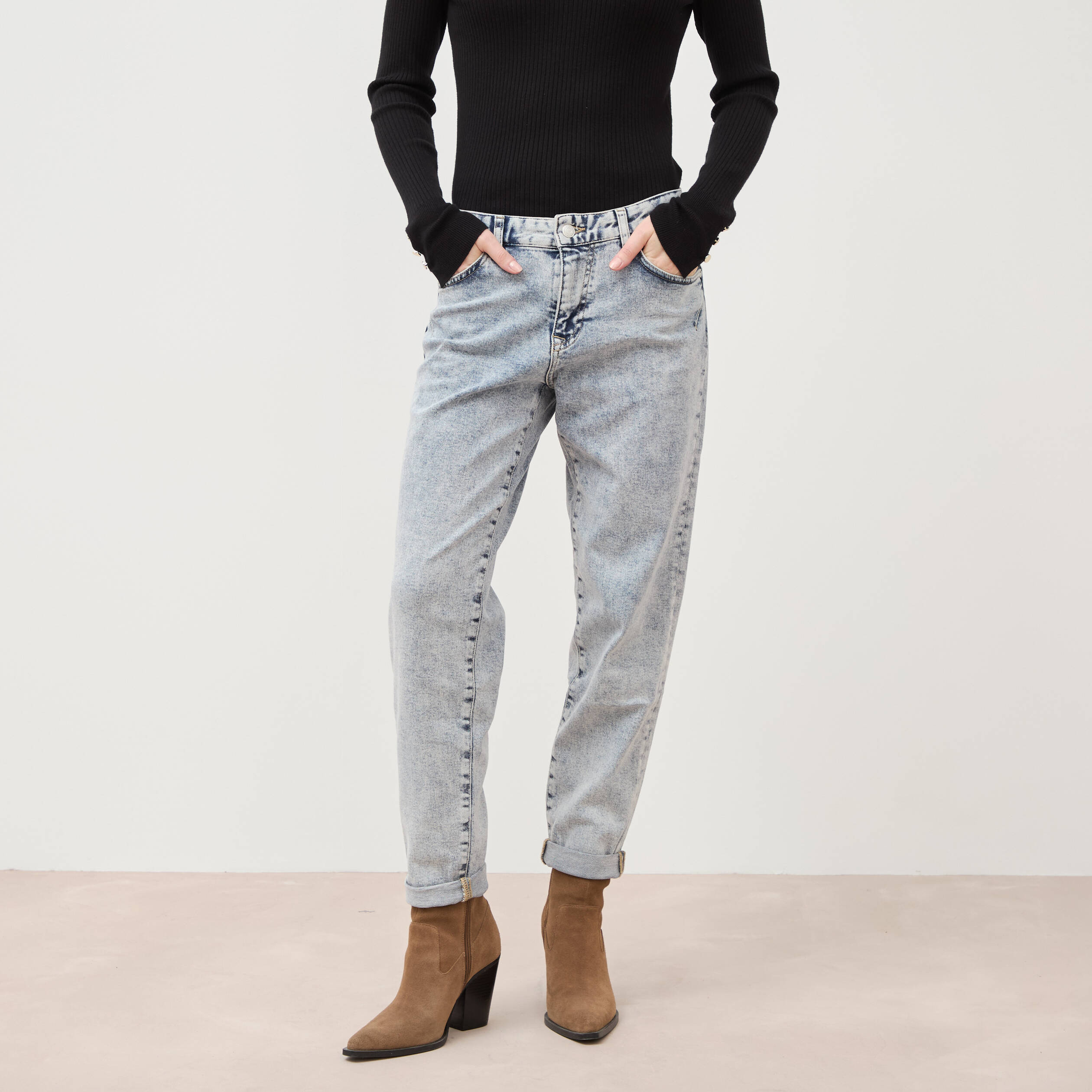 Jeans girlfriend 5 poches denim snow bleu femme