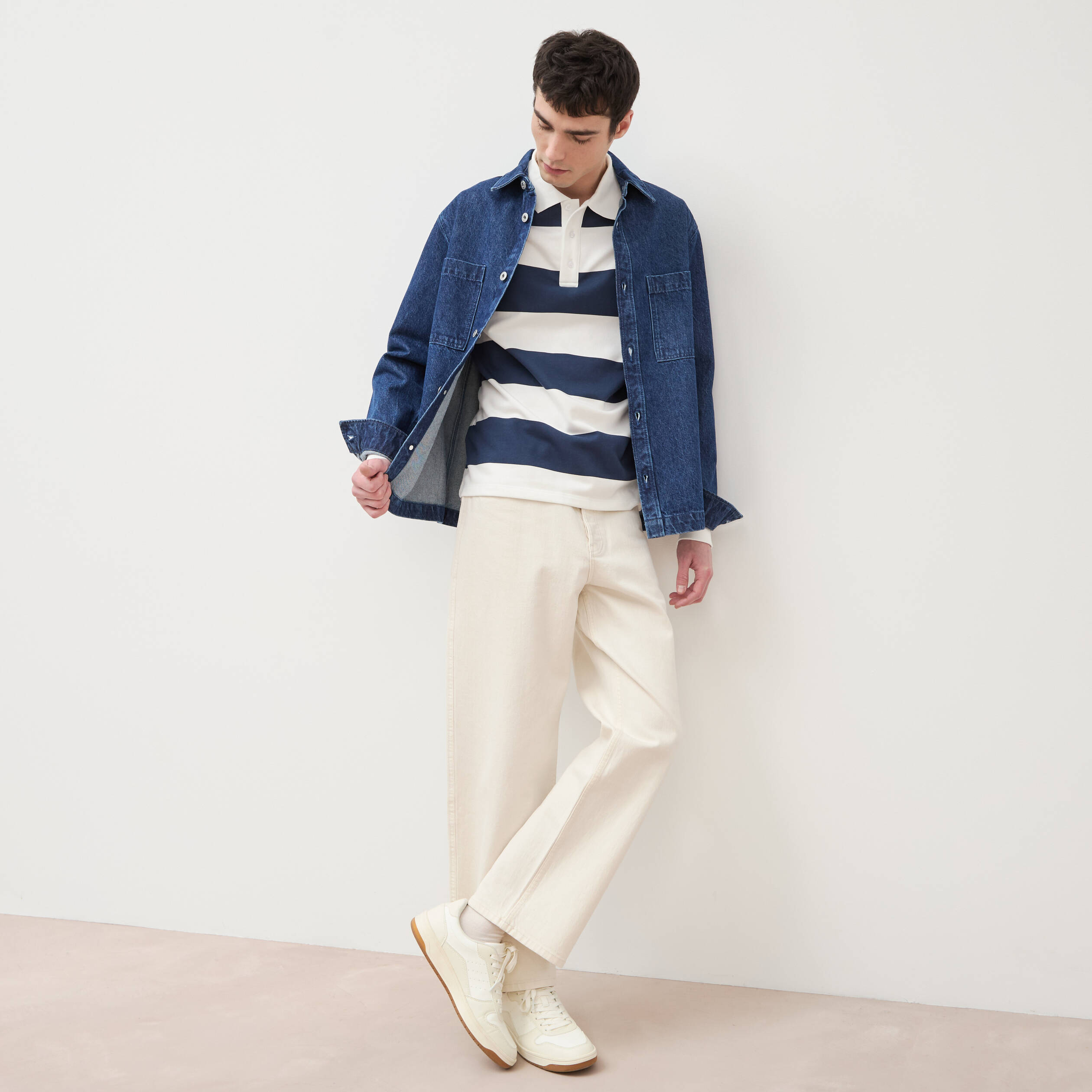 Sweat col polo manches longues bleu marine homme