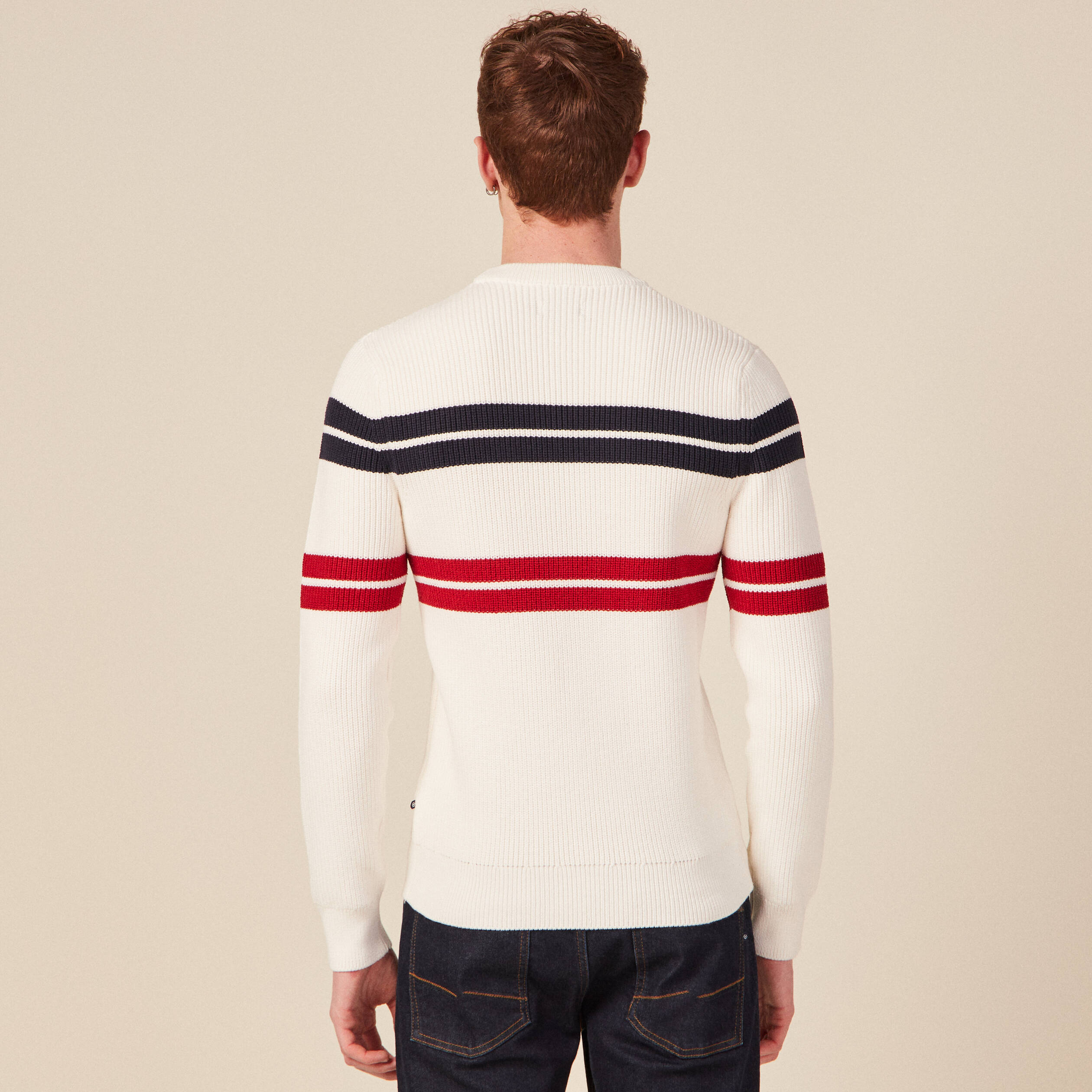 Pull fin ray&eacute; col rond manches longues ecru homme