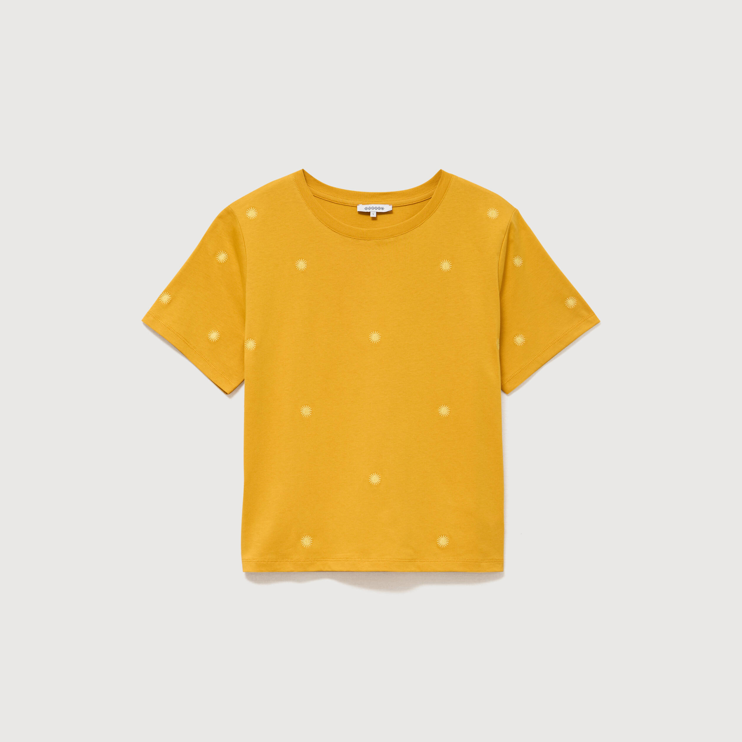 T-shirt droit col rond brod&eacute; en coton jaune or femme