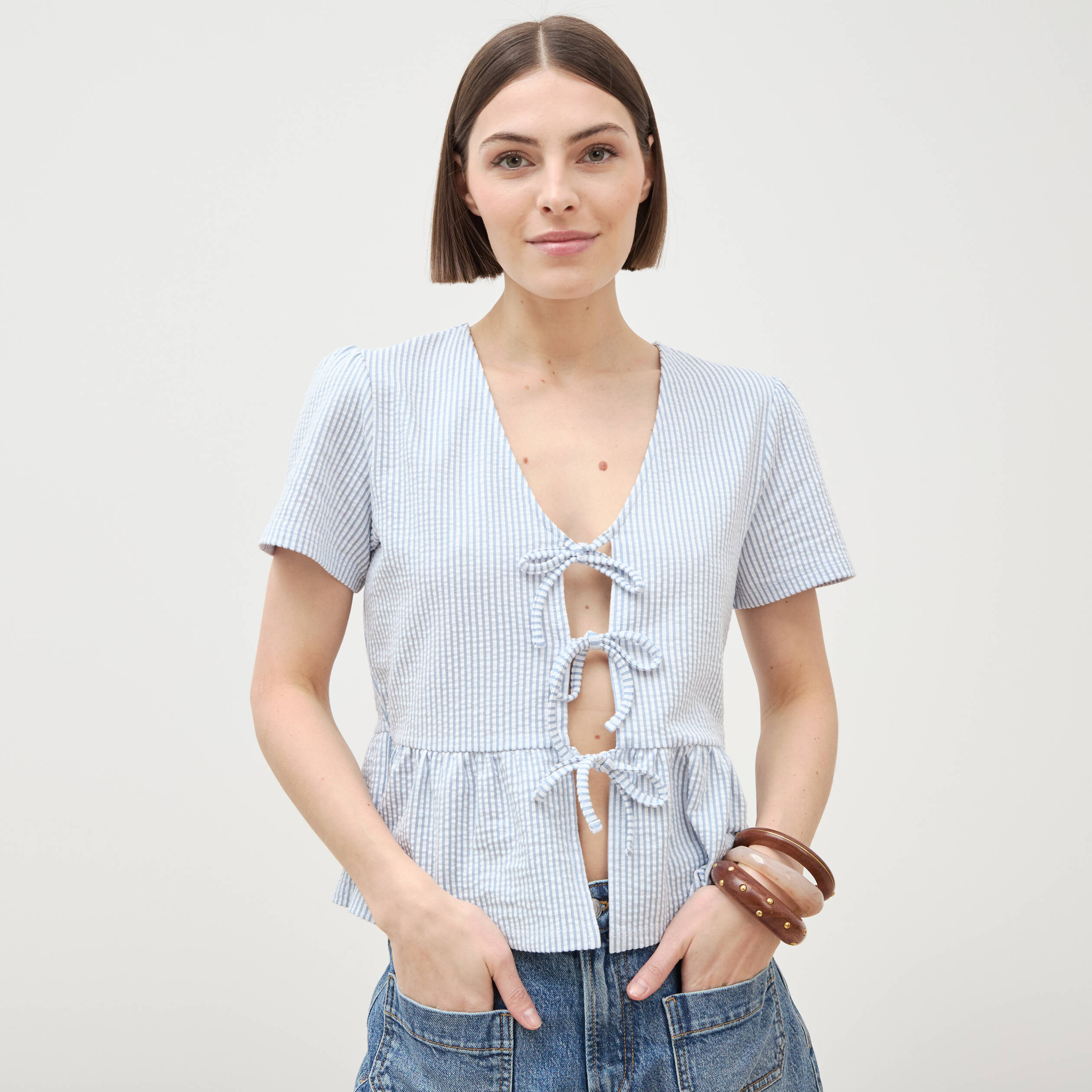Blouse manches courtes bleu pastel femme
