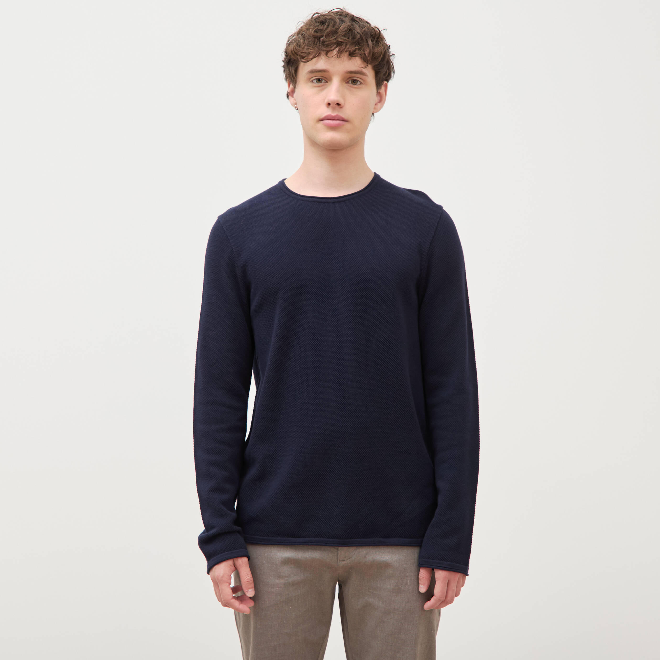 Pull col rond manches longues bleu marine homme