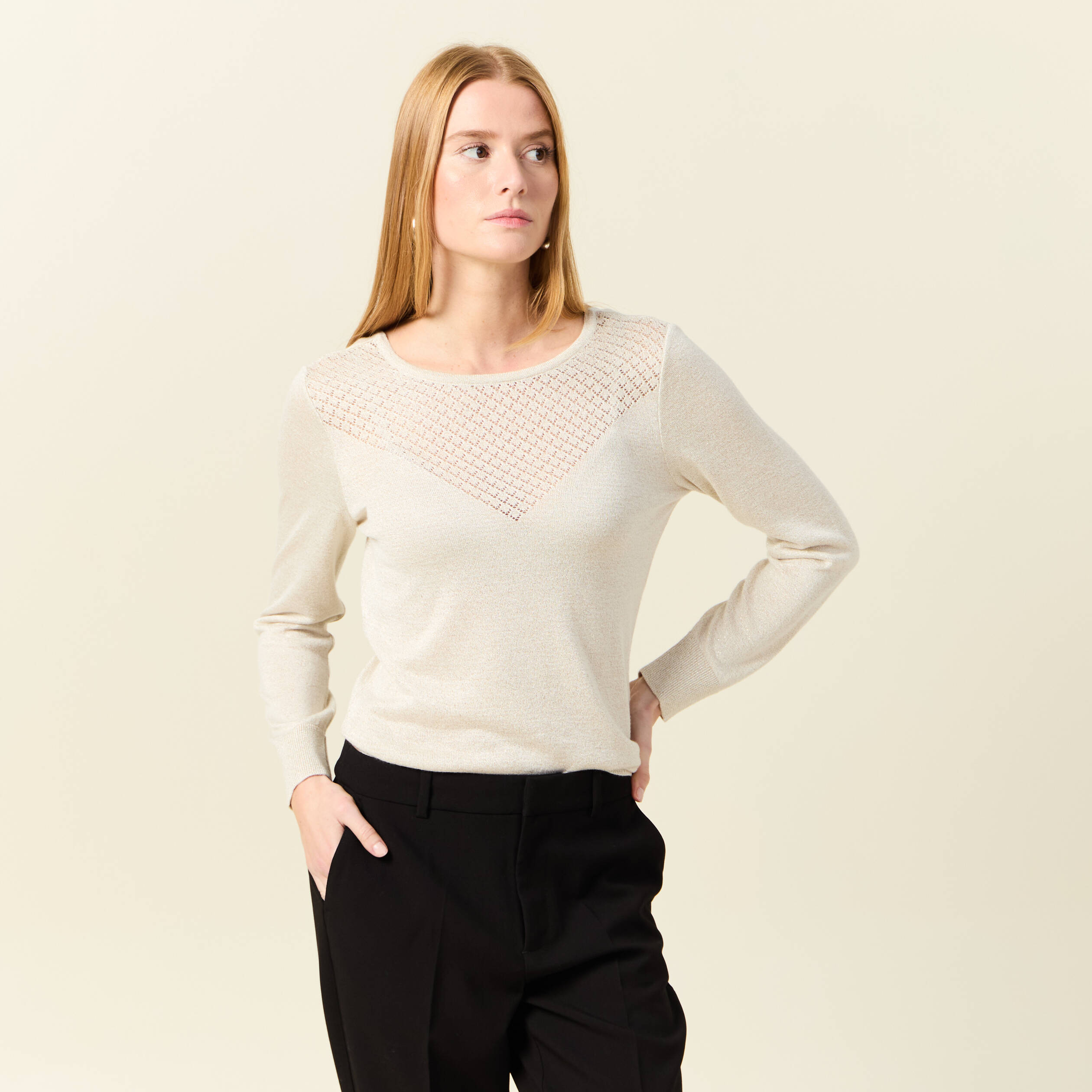 pull manches longues ajoure creme femme Pull manches longues ajouré creme femme