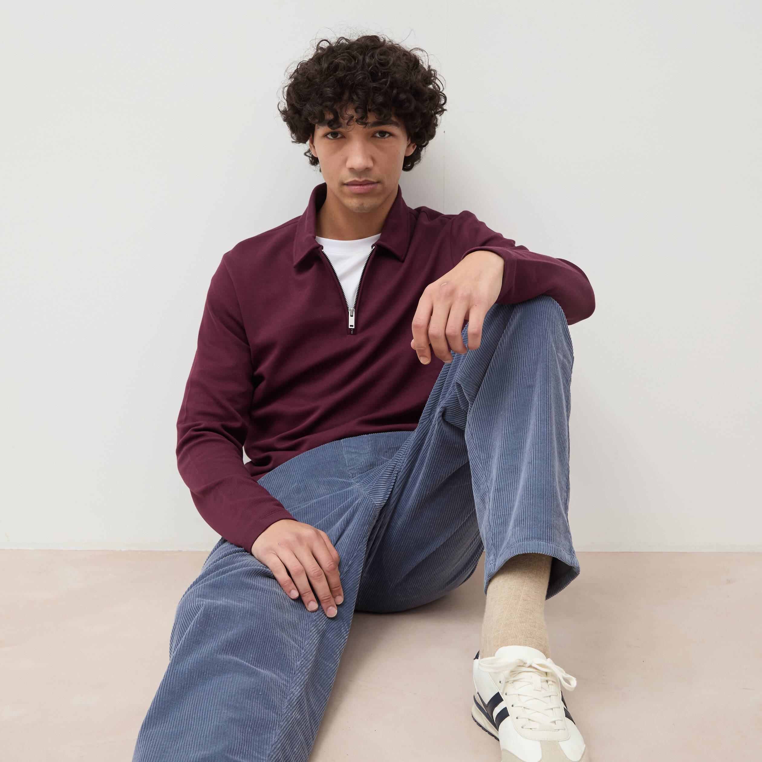 Polo droit manches longues prune homme