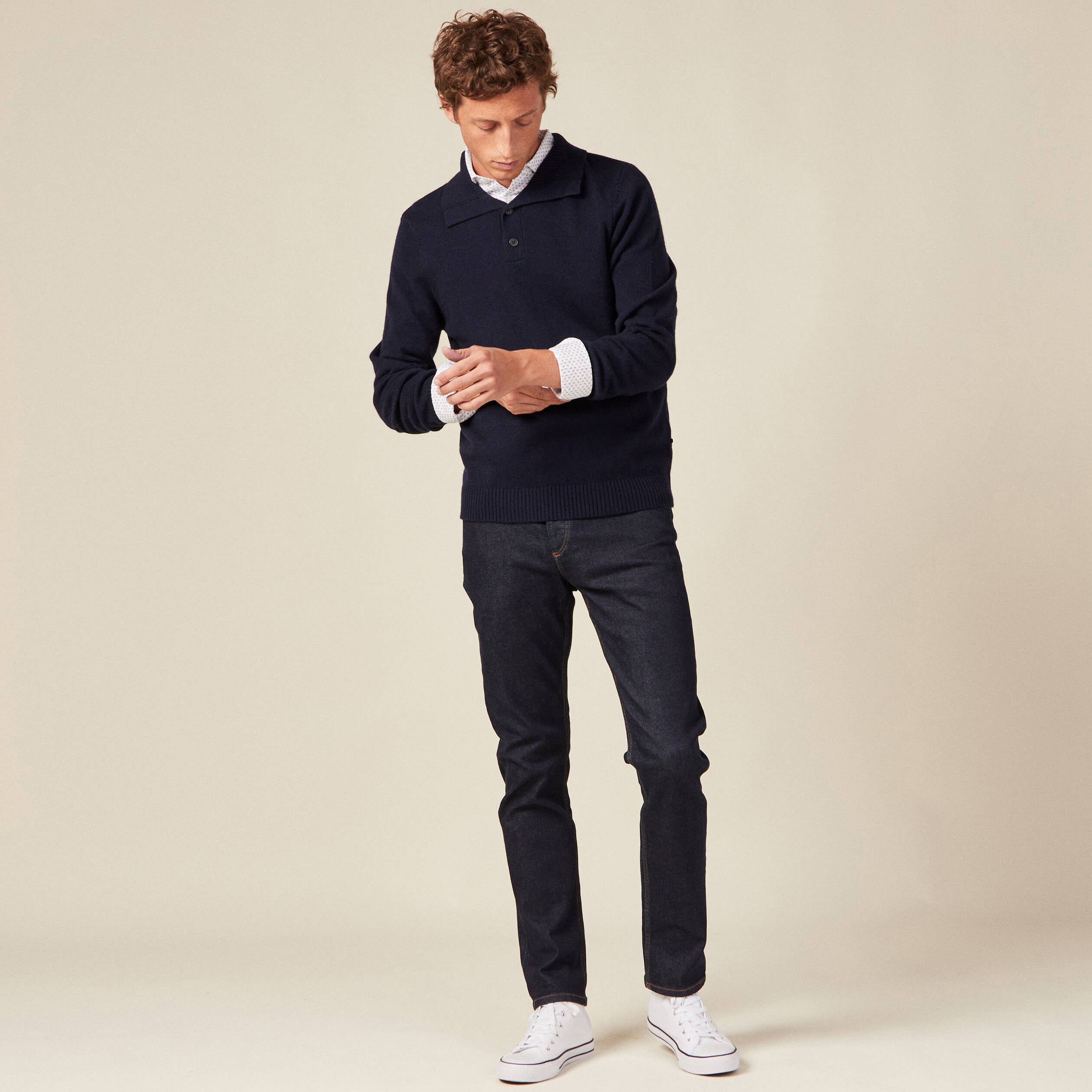 Chemise cintr&eacute;e en coton manches longues blanc homme