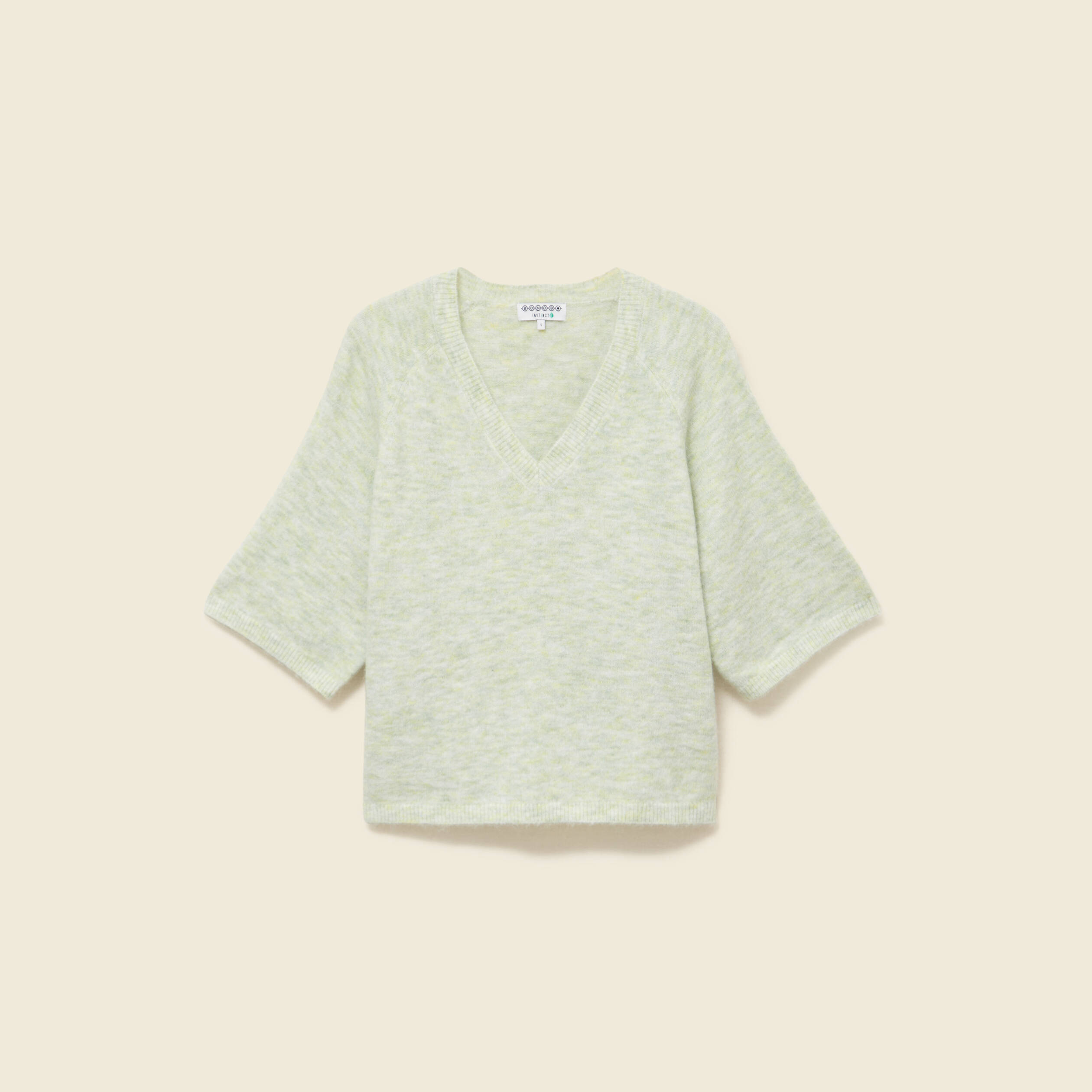 Pull col v manches 3/4 vert femme