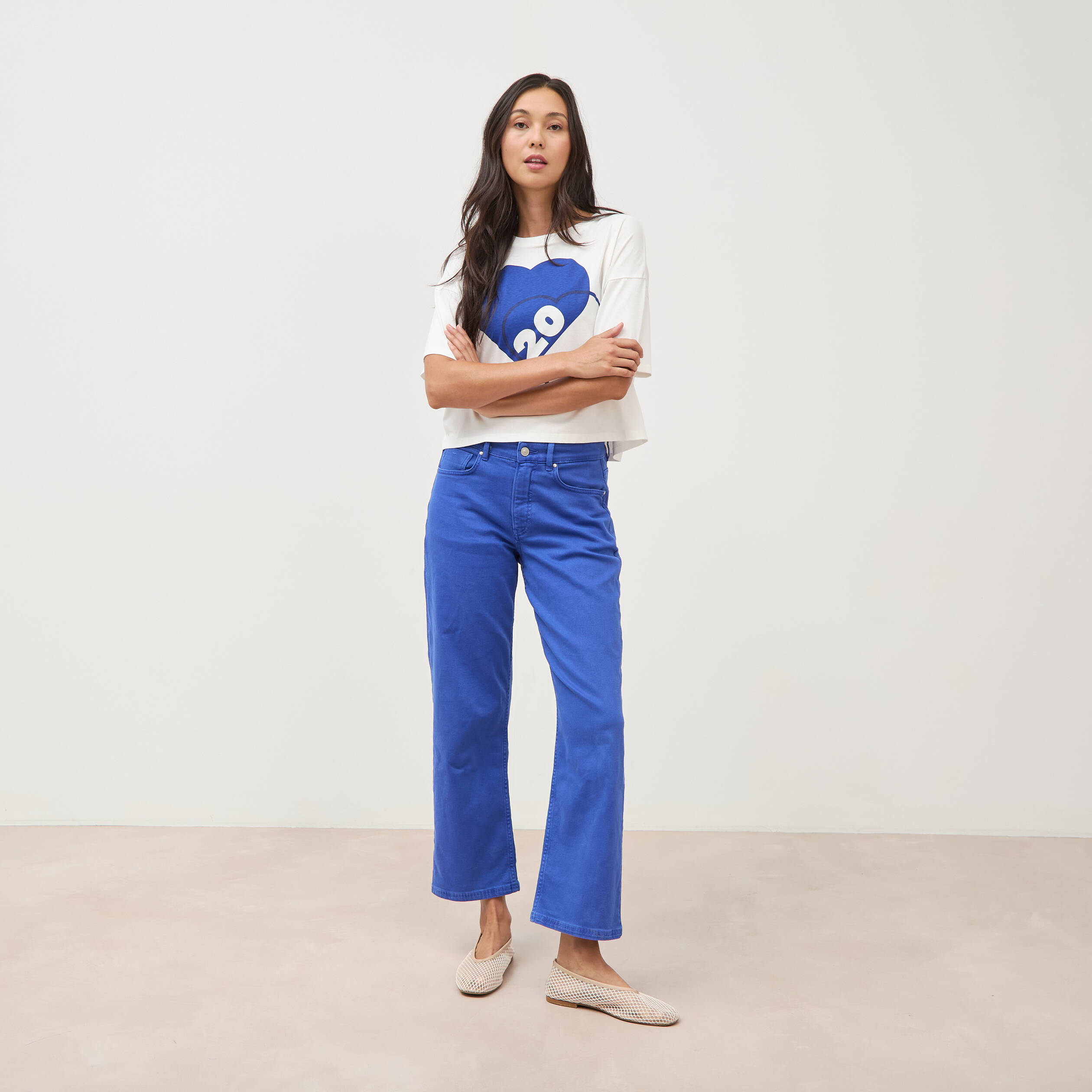Pantalon straight taille haute bleu electrique femme