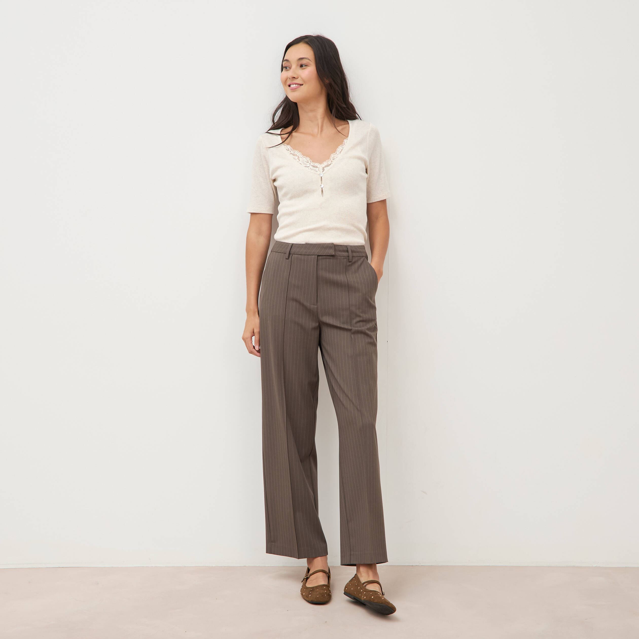 Pantalon droit taille haute taupe femme