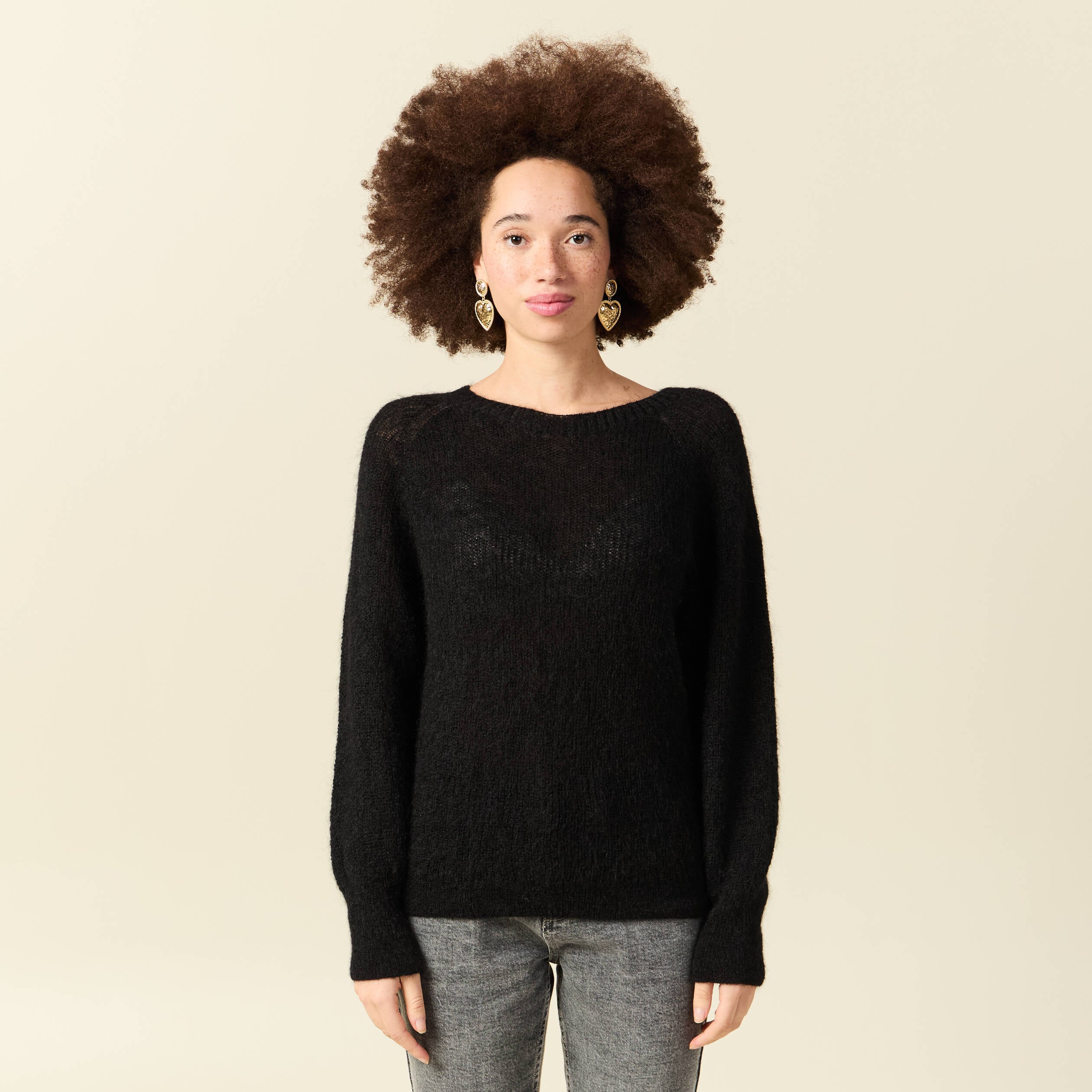 Pull manches longues col rond noir femme