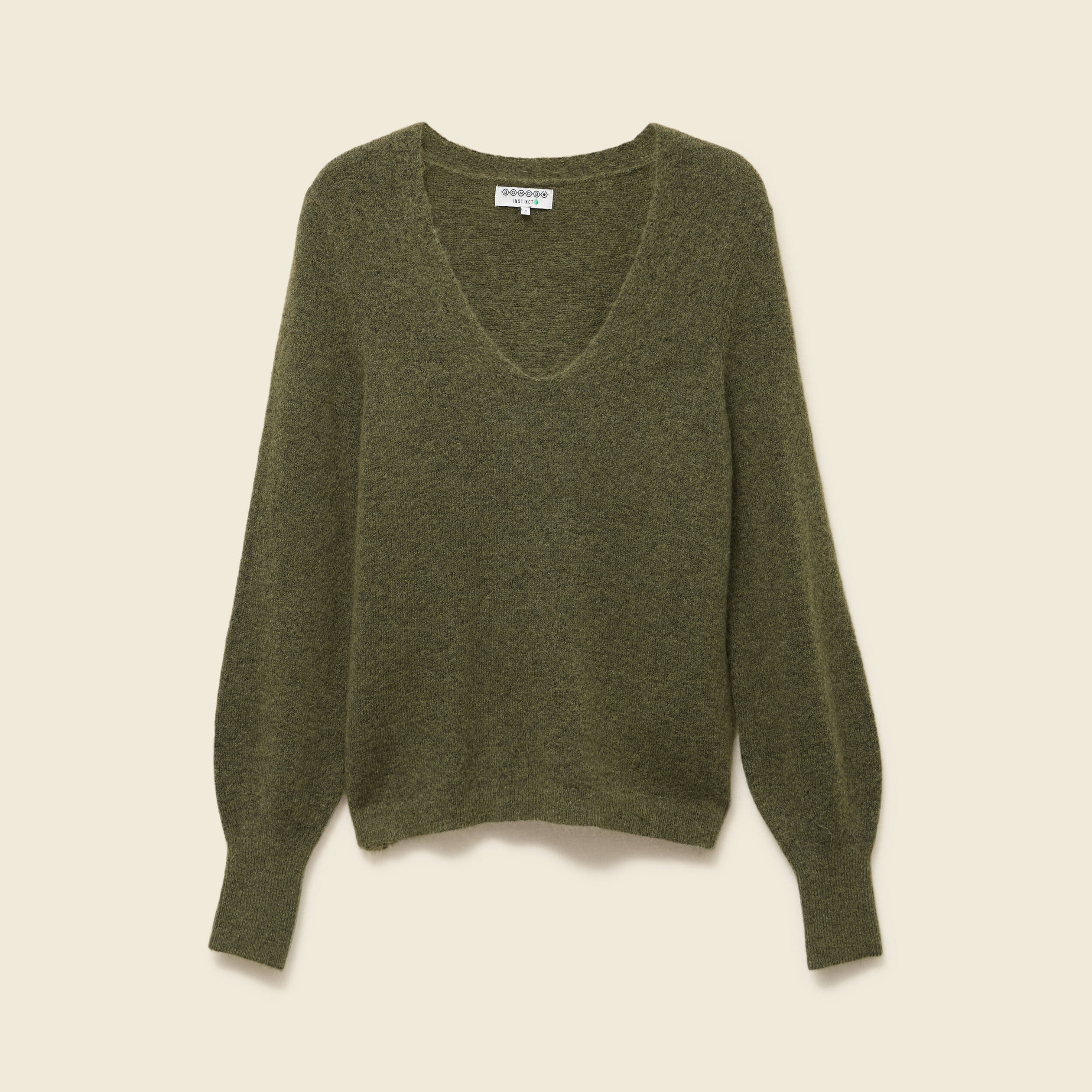 Pull col V manches longues vert kaki femme