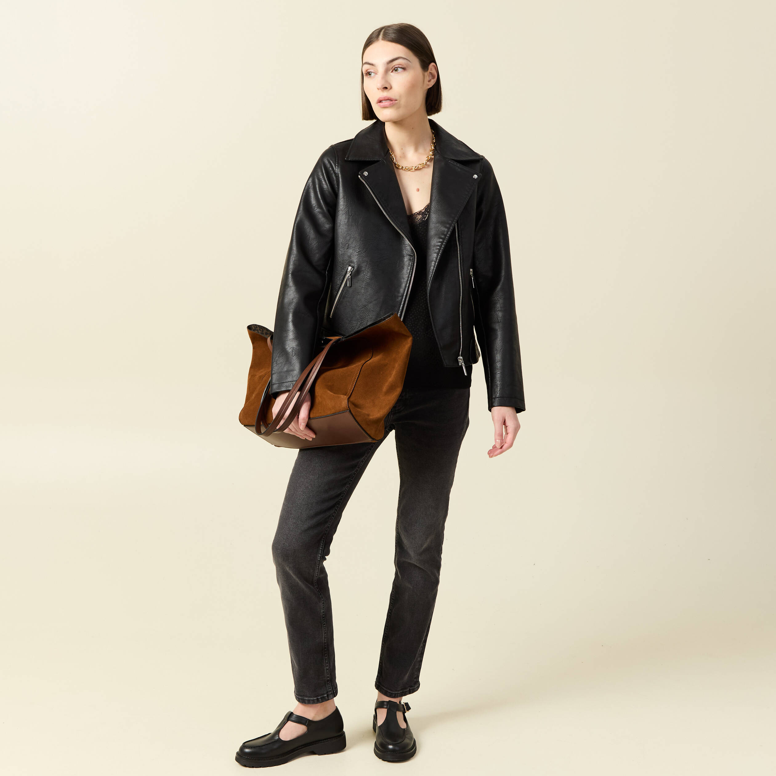 Blouson biker simili cuir noir femme