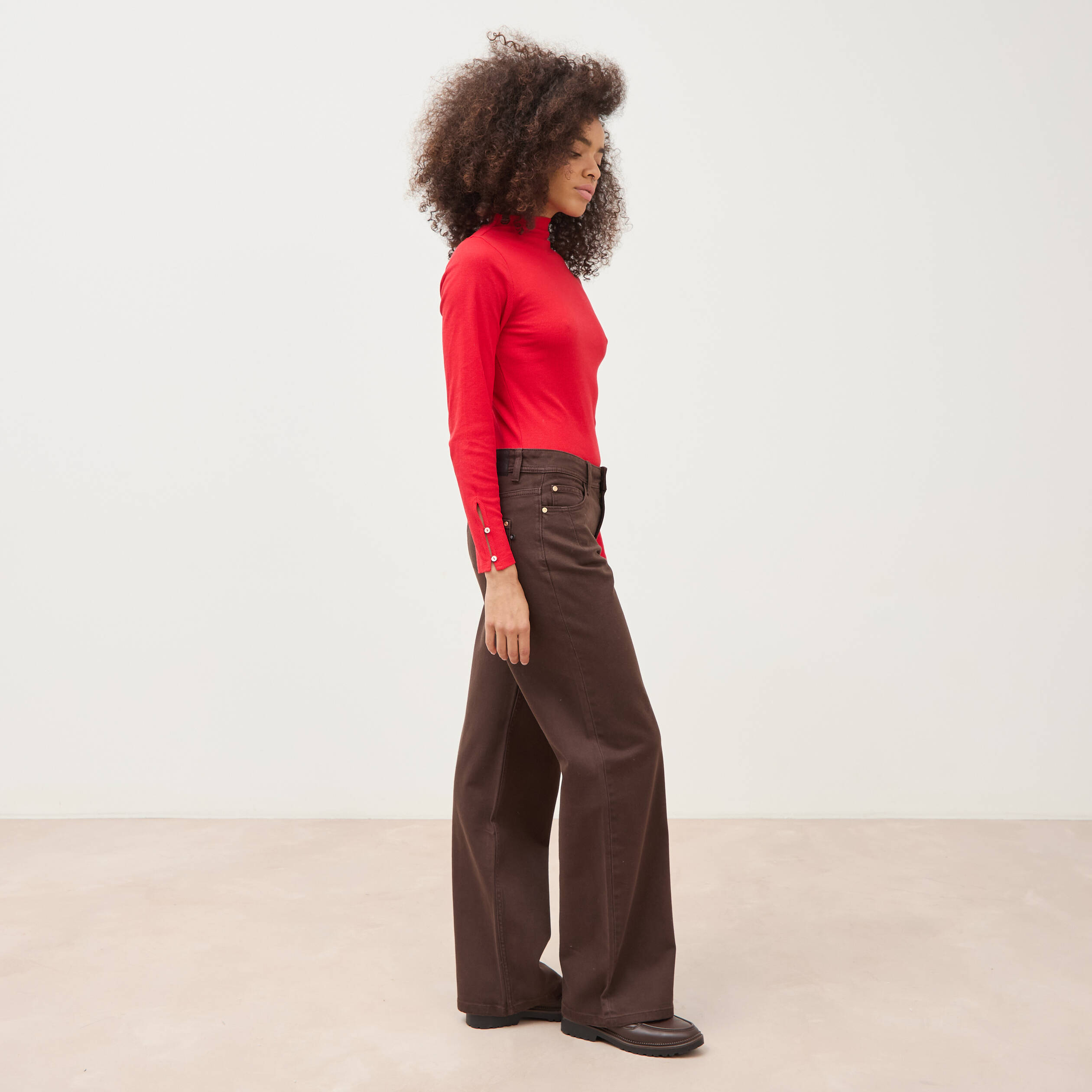 Pantalon wide leg taille standard marron femme
