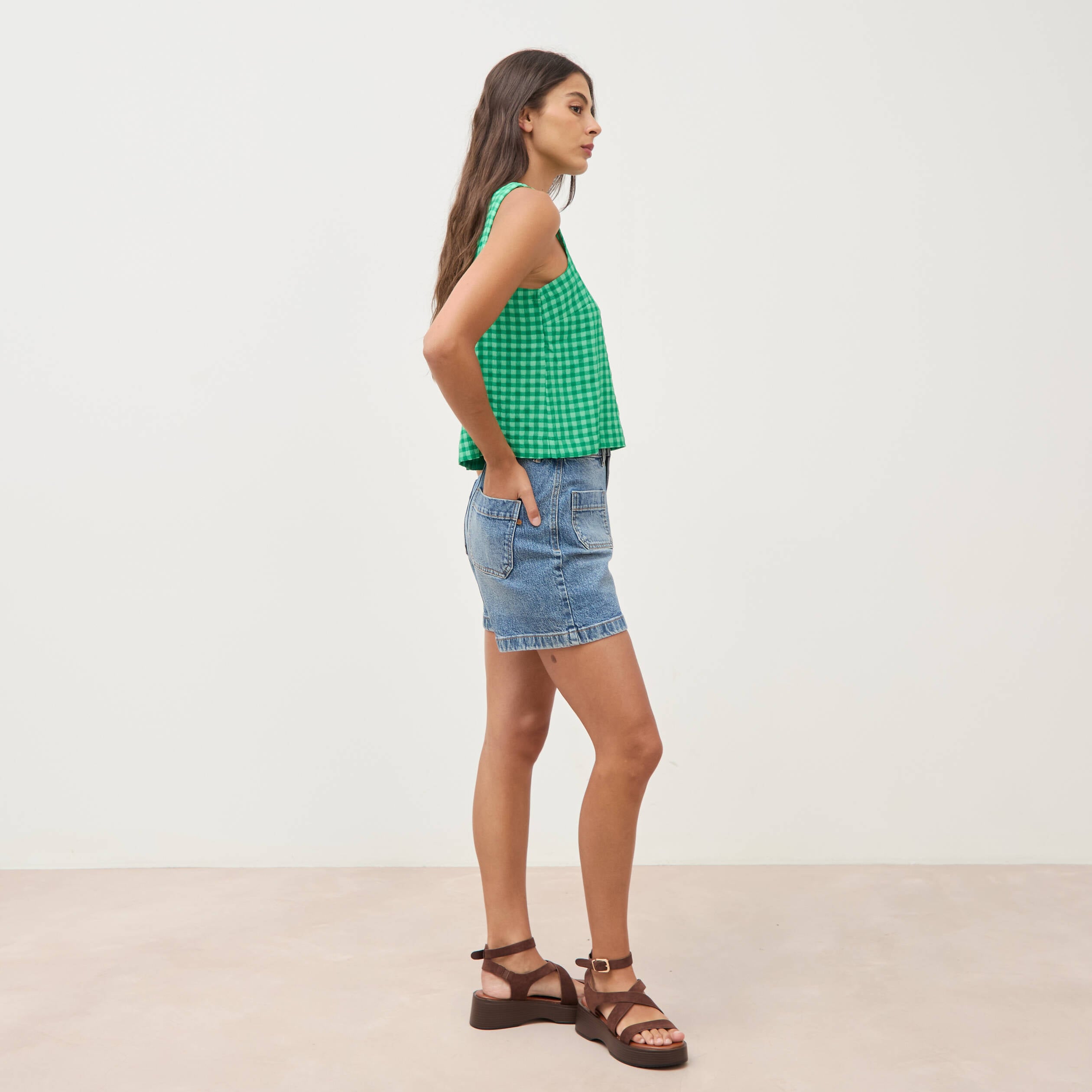Blouse vichy droite cropped sans manches vert femme