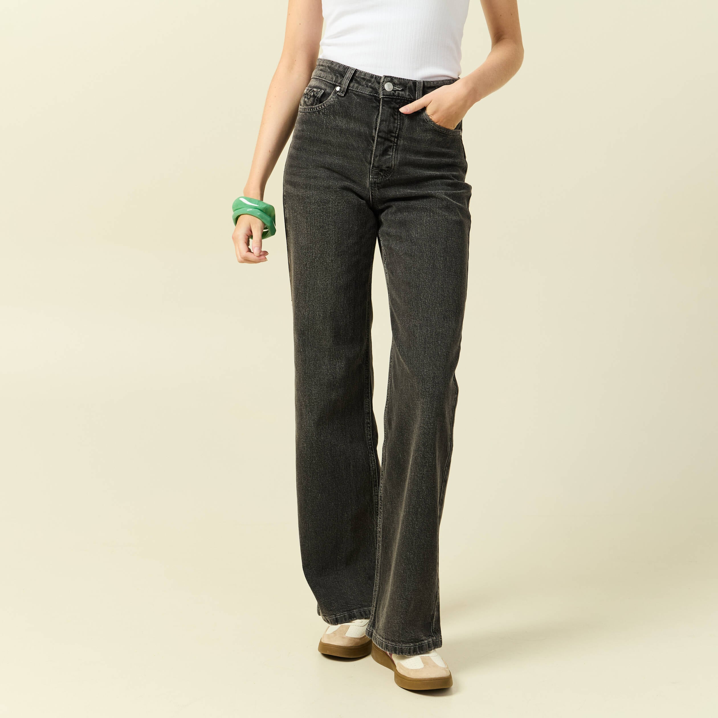 Jeans large taille haute denim snow gris femme