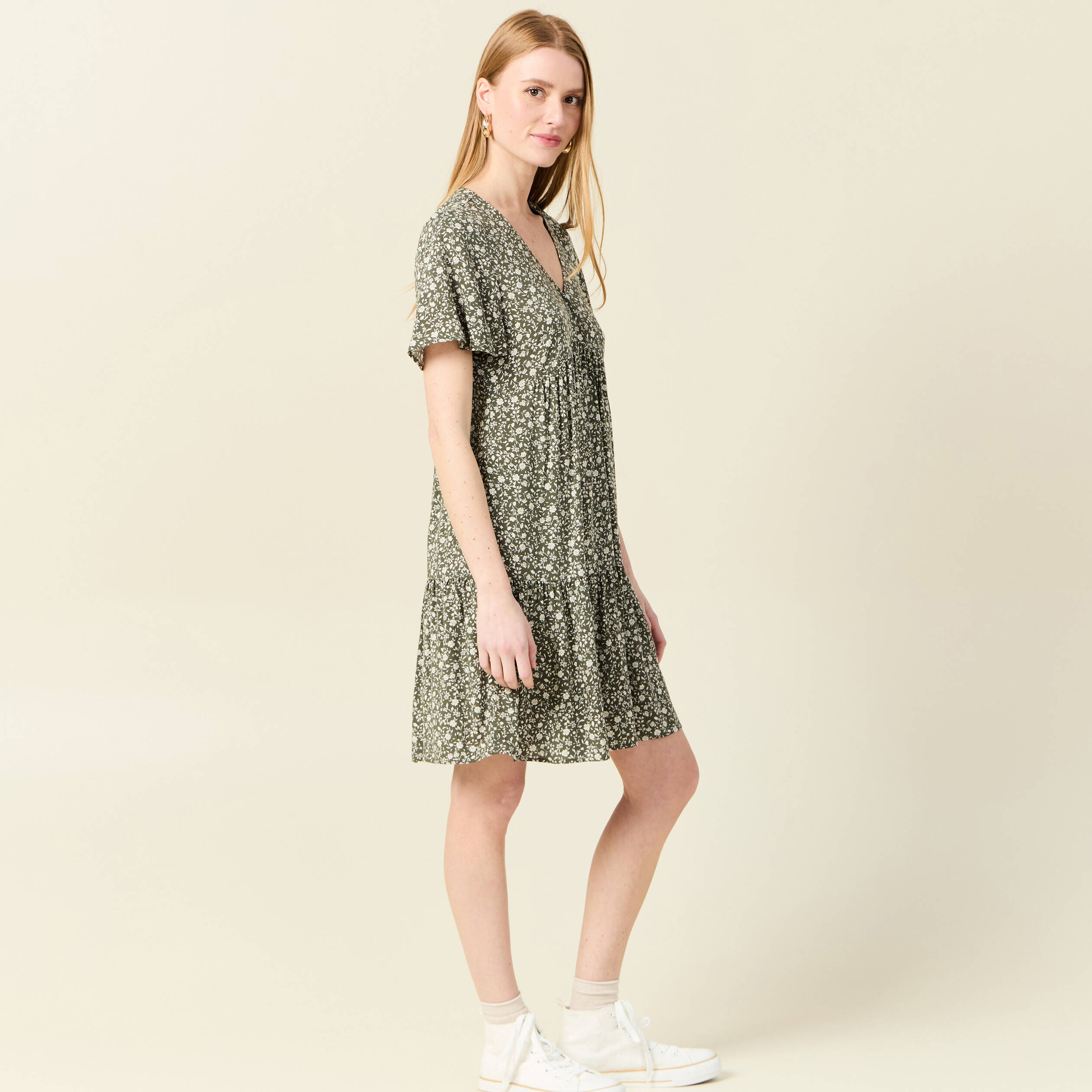 robe evasee manches courtes vert kaki femme Robe évasée manches courtes vert kaki femme