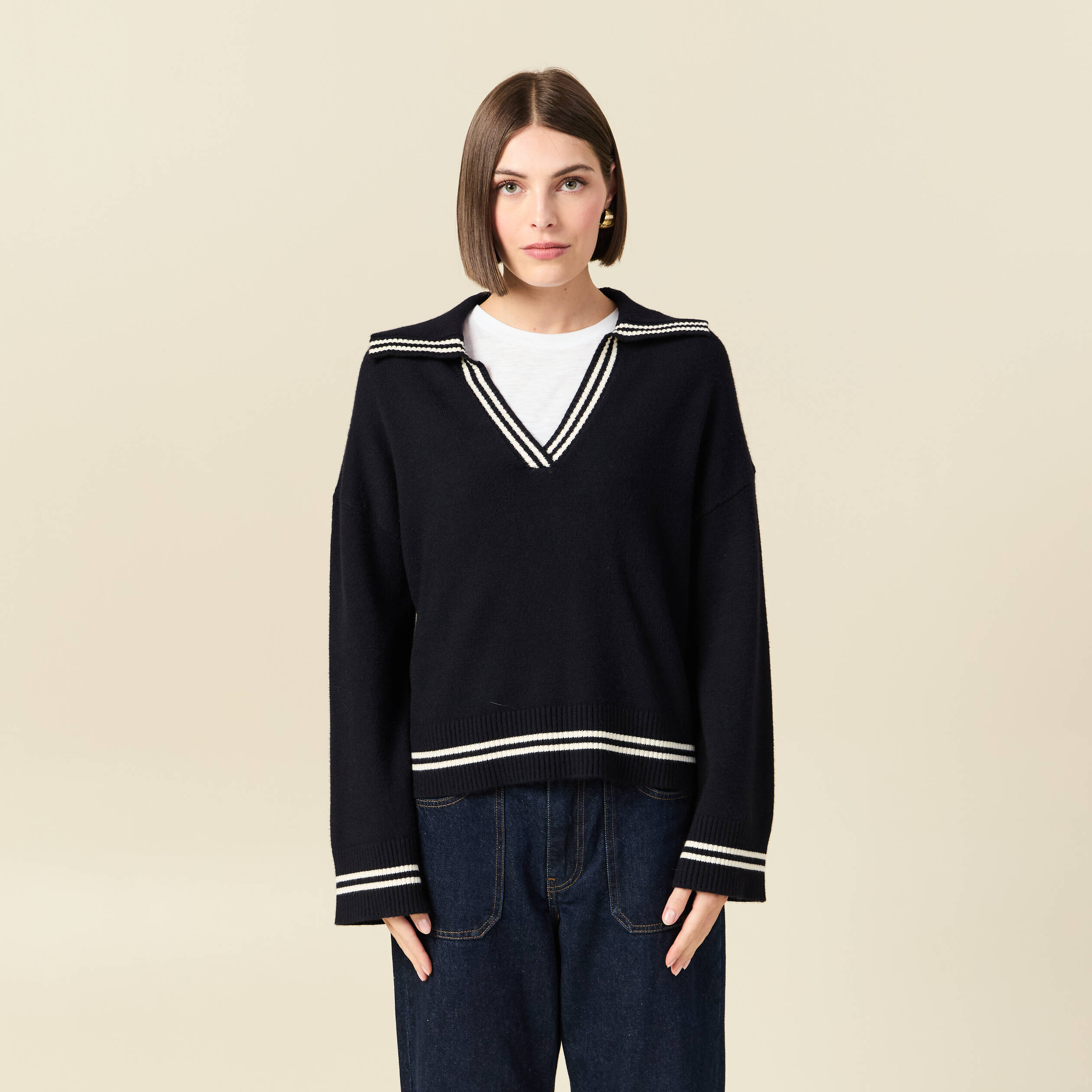 Pull col polo manches longues bleu marine femme