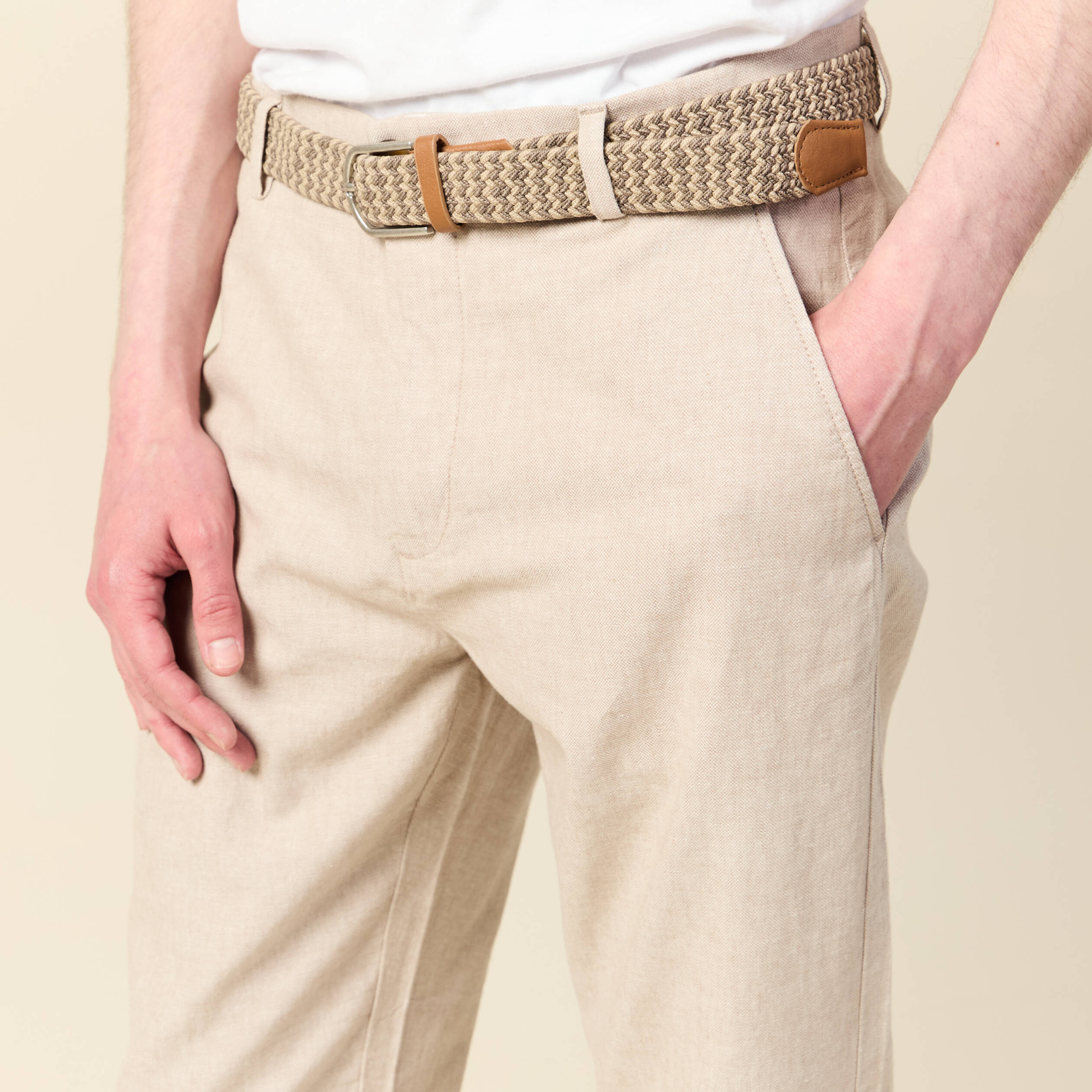 Pantalon chino longueur 32 avec ceinture beige homme